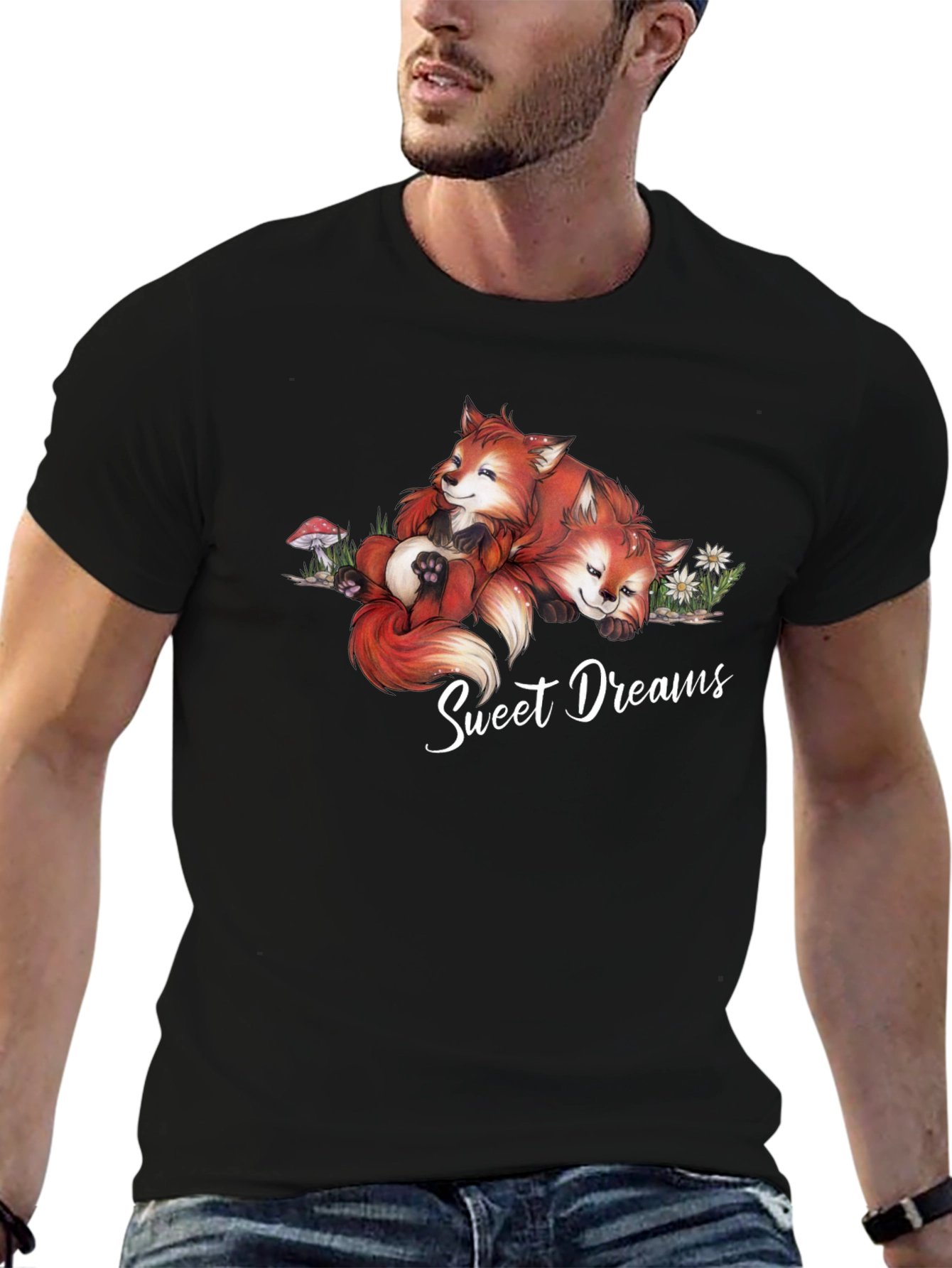 Black Sweet Dreams Foxes Graphic T-Shirt view 6