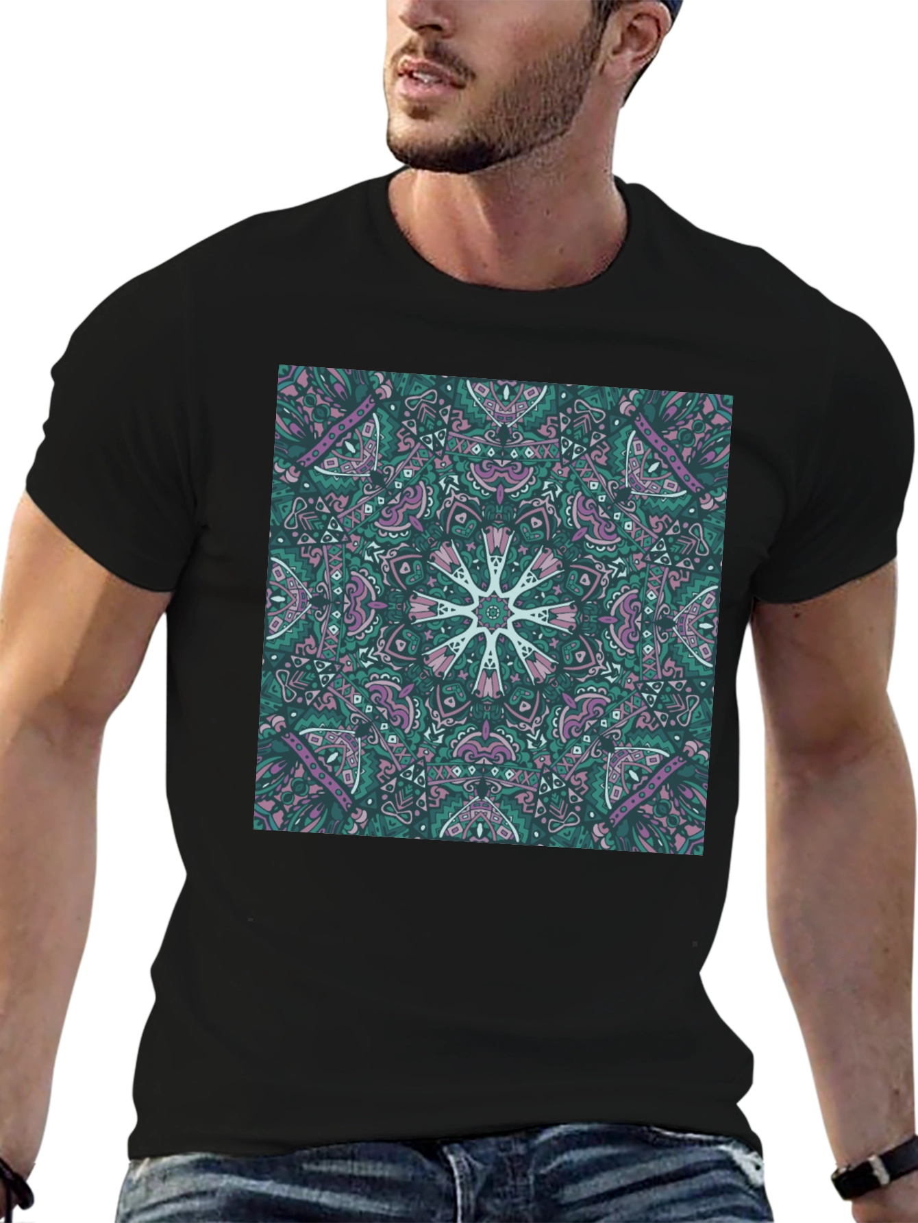Black Abstract Mandala Print Black T-Shirt view 6