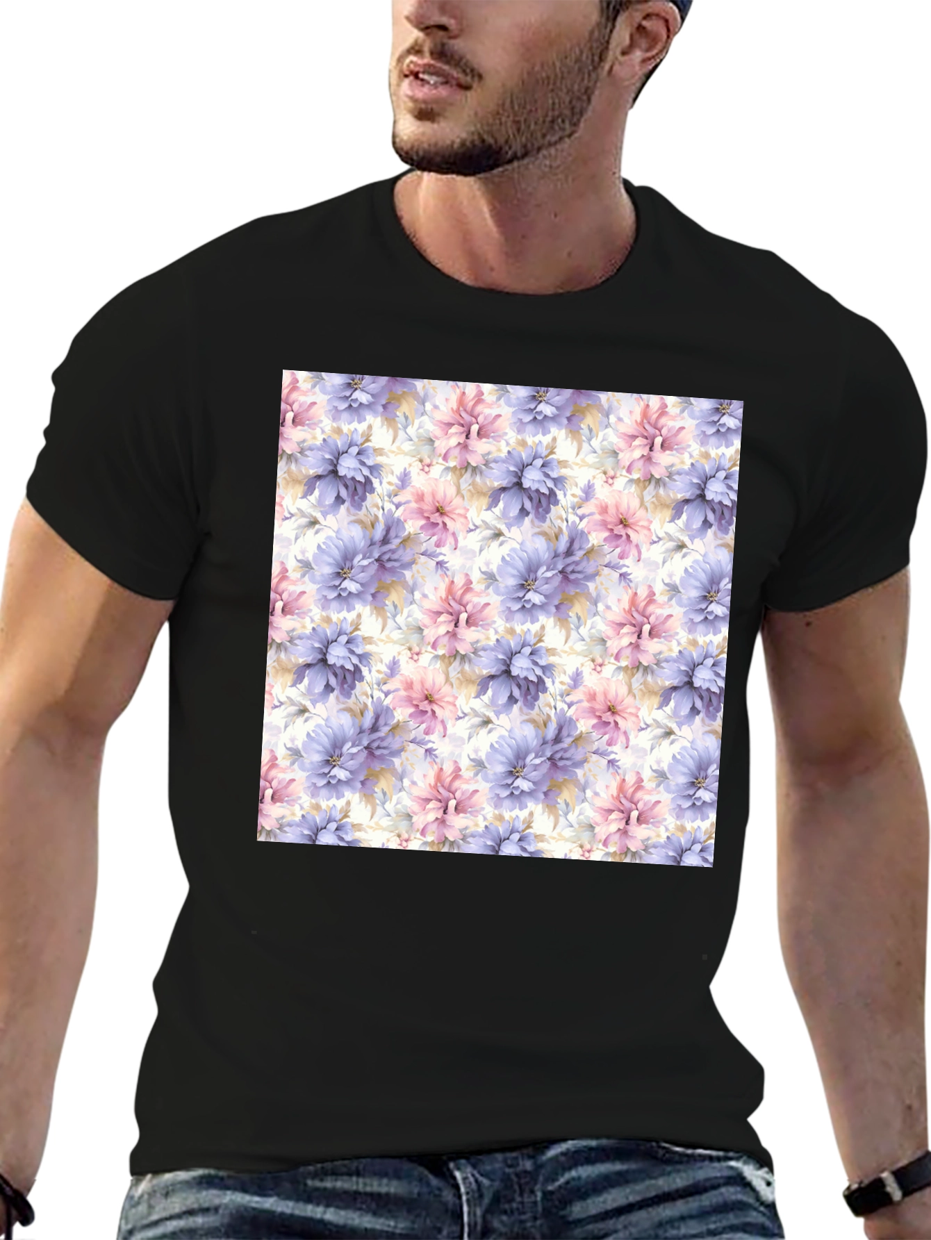 Black Floral Pattern Black T-Shirt view 6