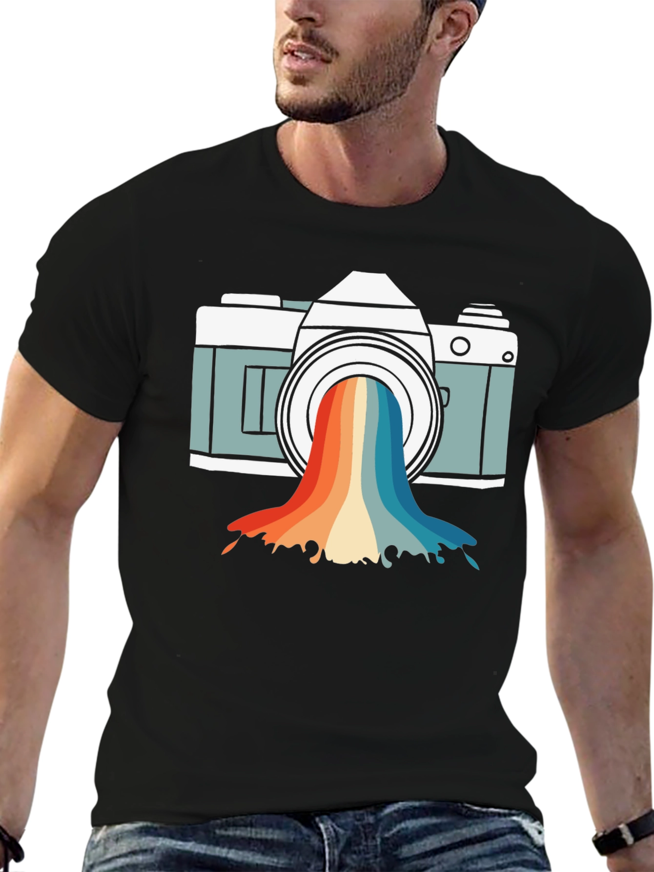 Black Retro Camera Rainbow Graphic Tee view 6
