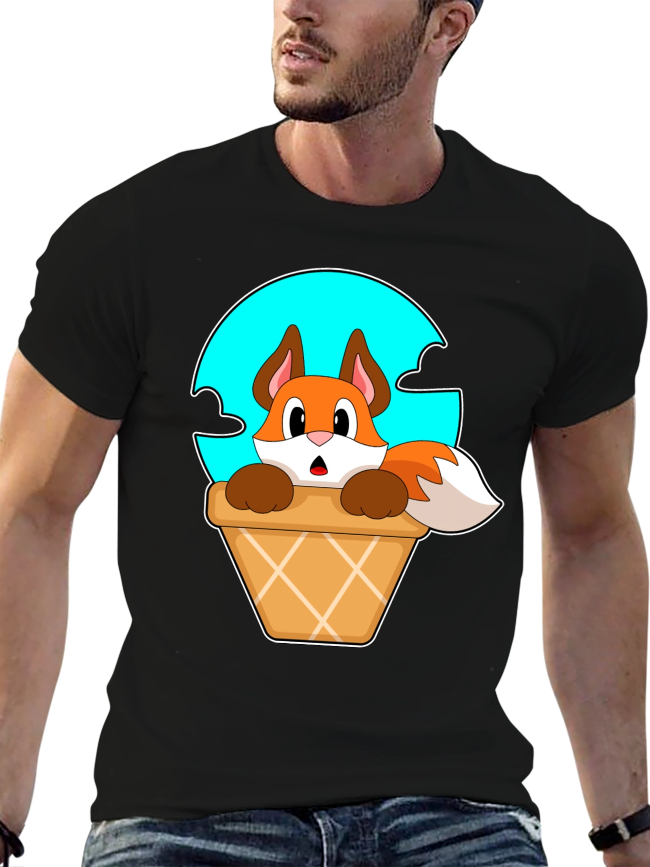 Black Fox in Ice Cream Cone T-Shirt - Cartoon Animal Tee view 6