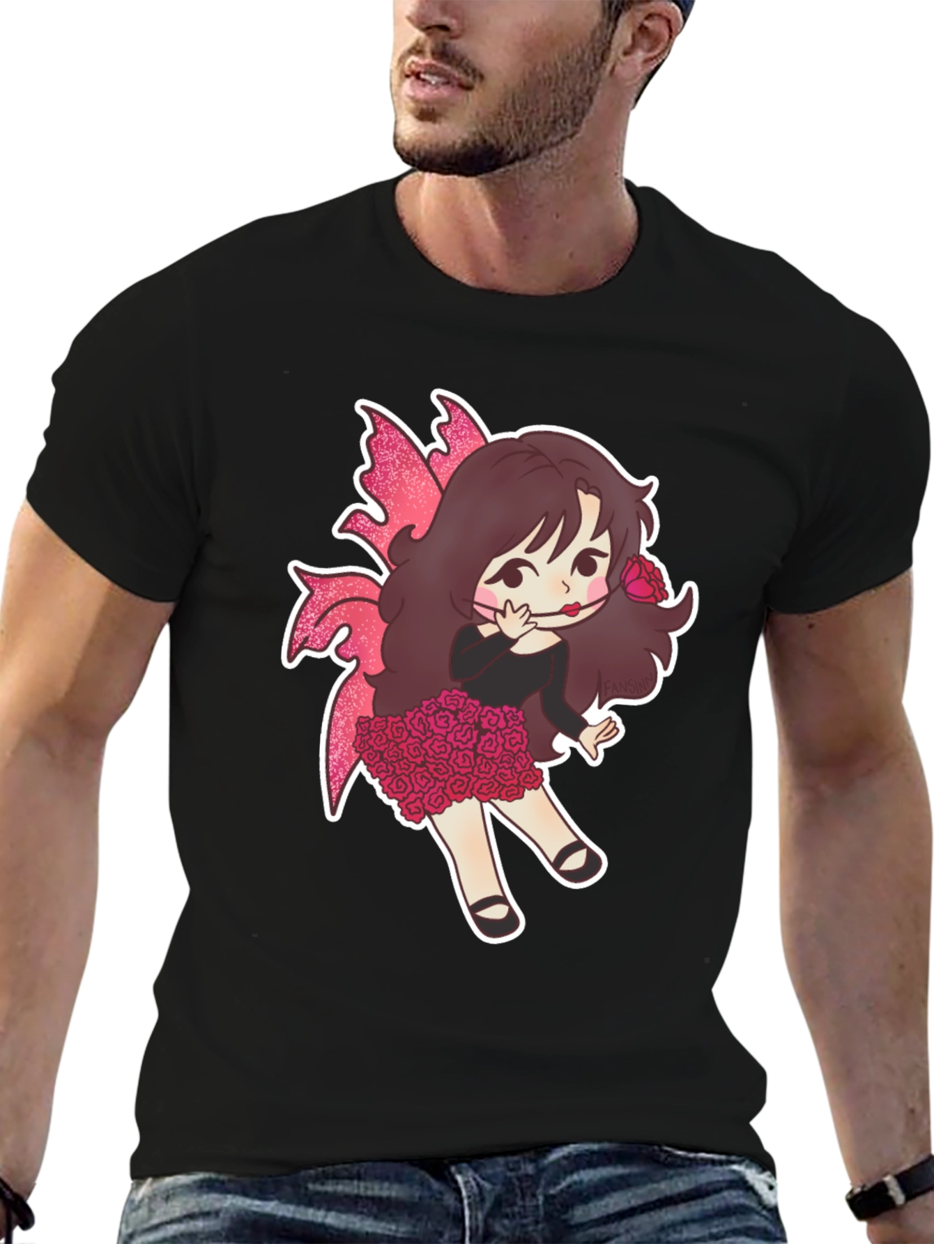 Black Whimsical Fairy Girl Graphic T-Shirt view 6