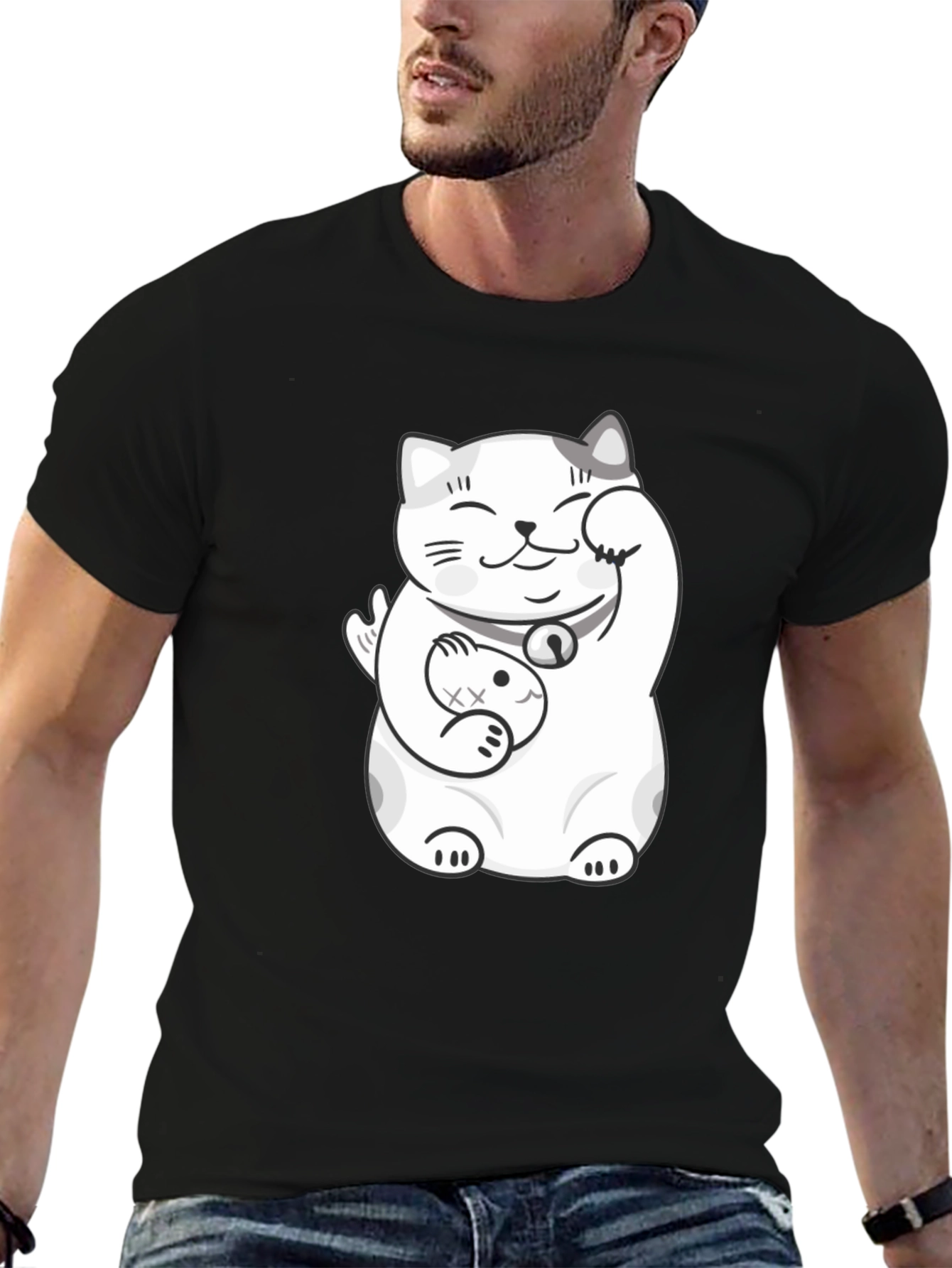 Black Lucky Cat T-Shirt - Black Graphic Tee view 6