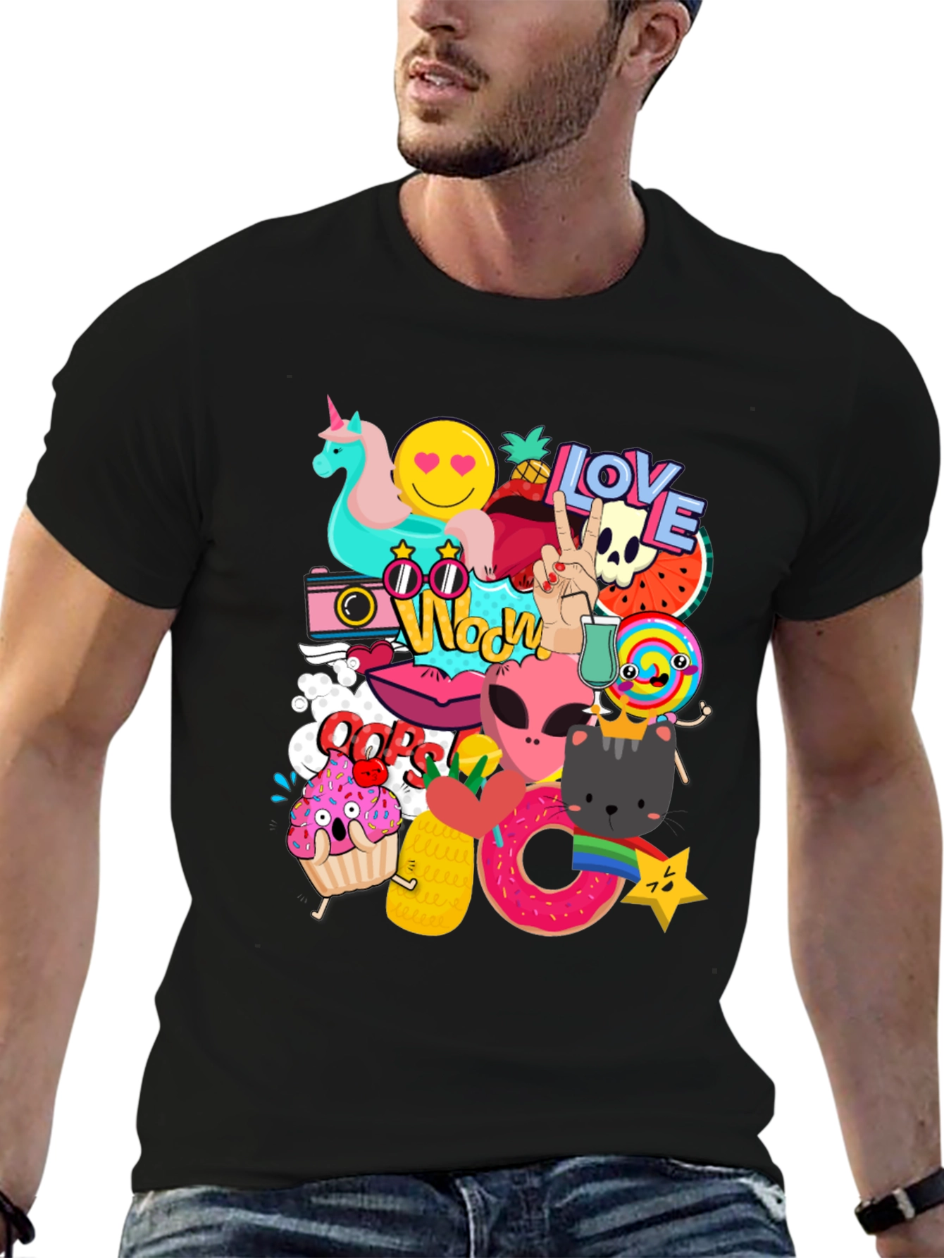 Black Funky Graphic Tee: Cartoon Sticker Bomb Design view 6