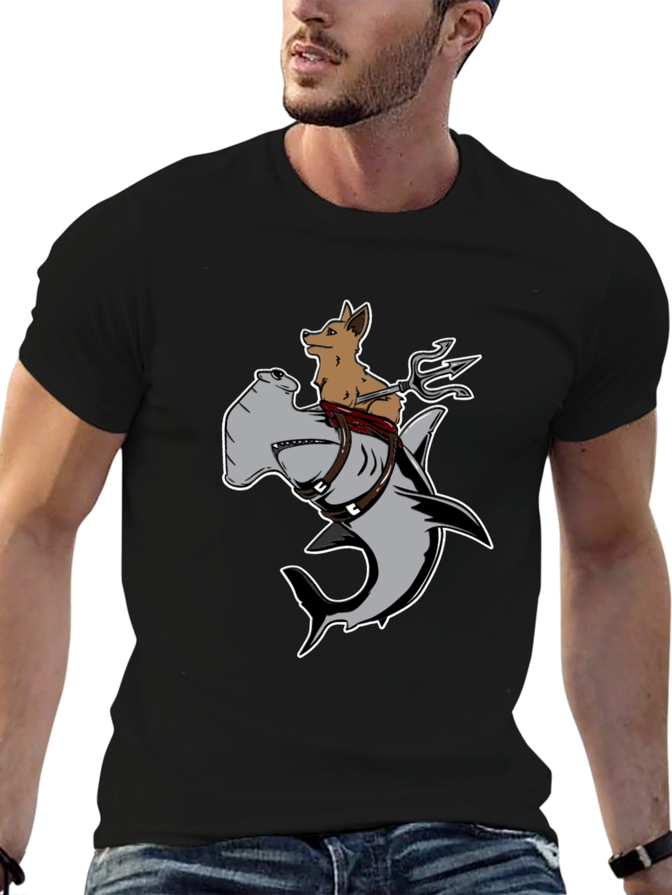 Black Dog Riding Hammerhead Shark T-Shirt - Funny Graphic Tee view 6