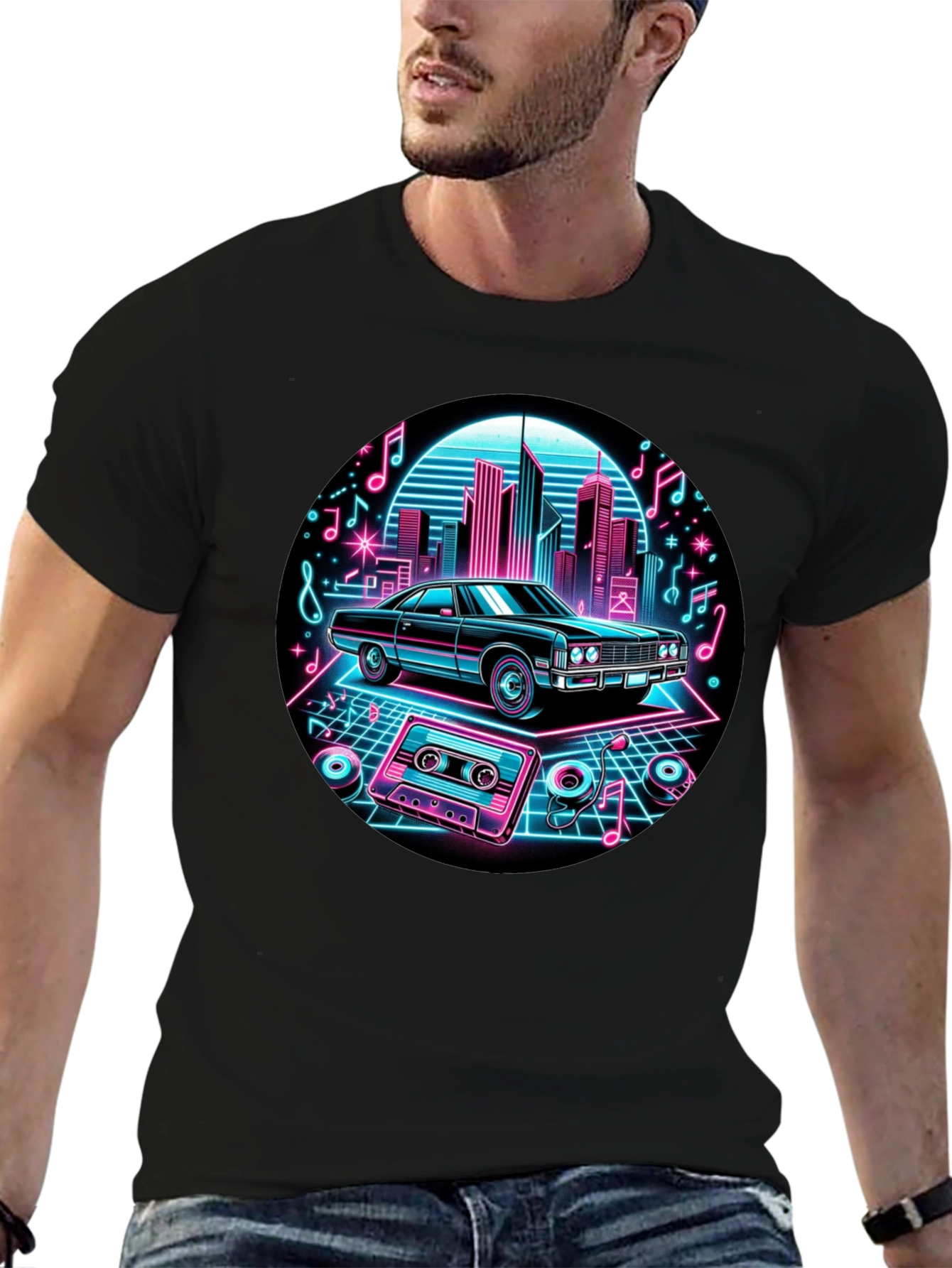 Black Retro Car T-Shirt - Neon Cityscape Design view 6
