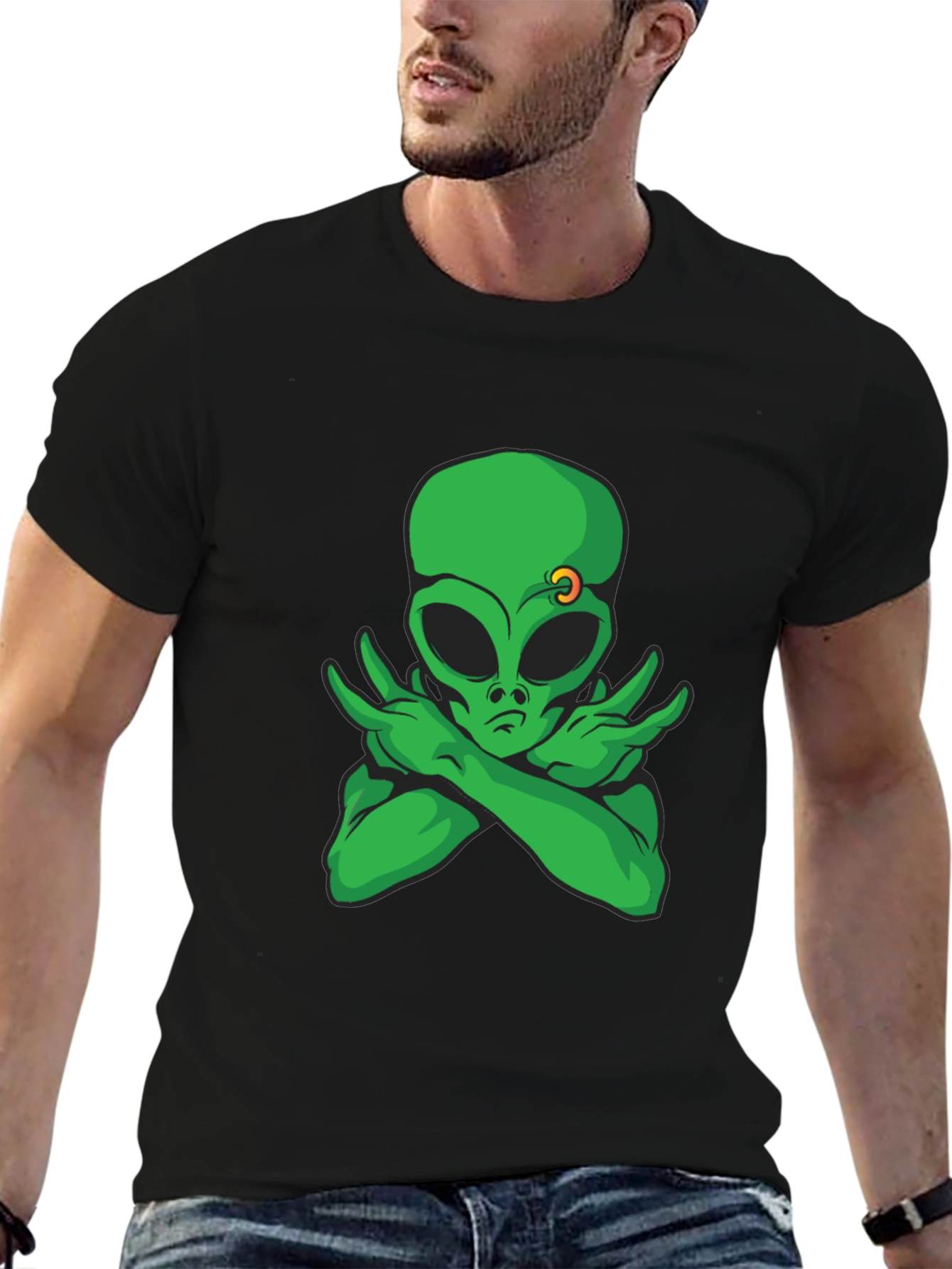 Black Cool Alien Graphic Tee - Black Cotton T-Shirt view 6