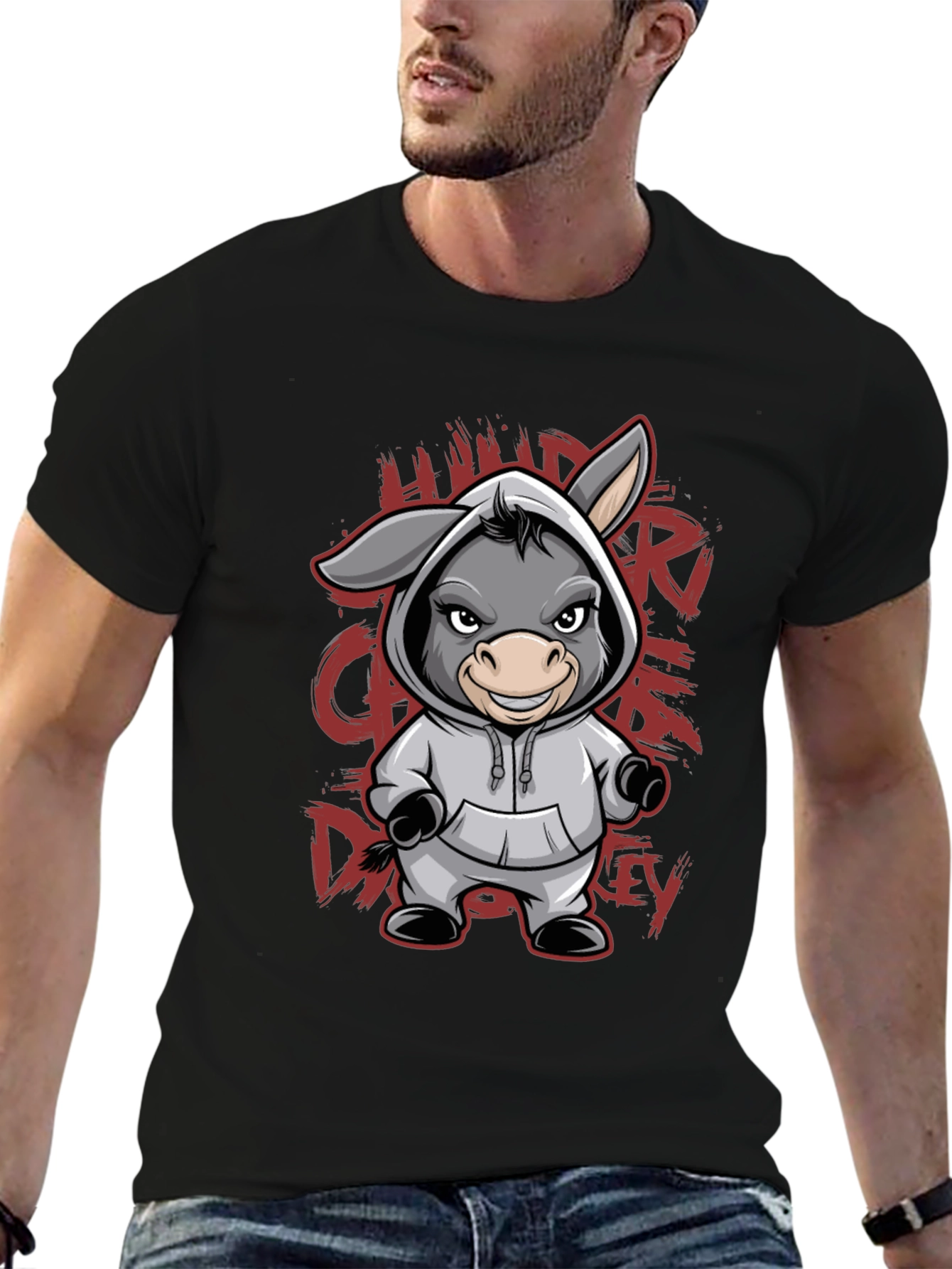 Black Hooded Donkey T-Shirt - Funny Animal Graphic Tee view 6