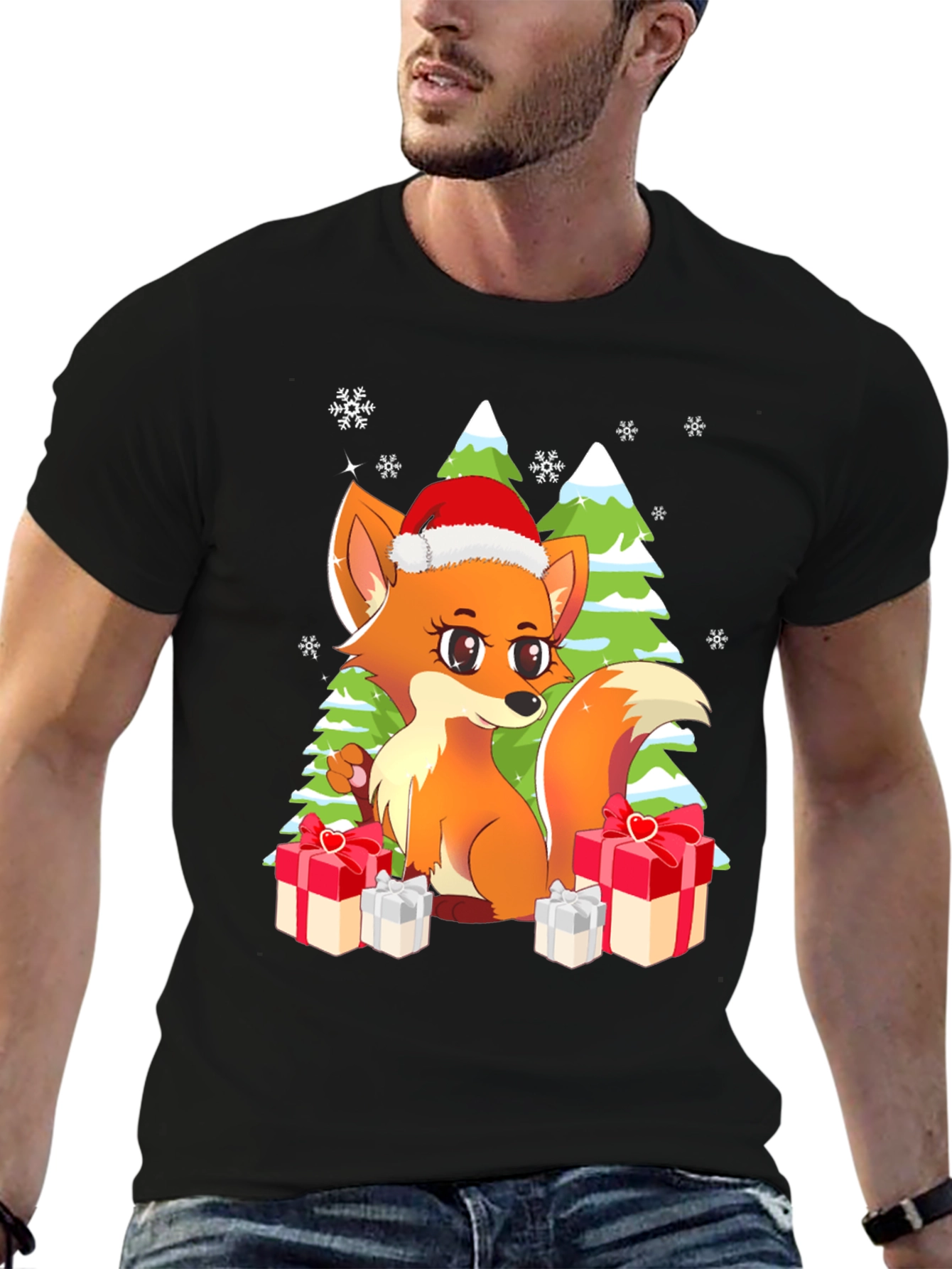 Black Festive Fox Graphic Tee - Holiday Gift view 6