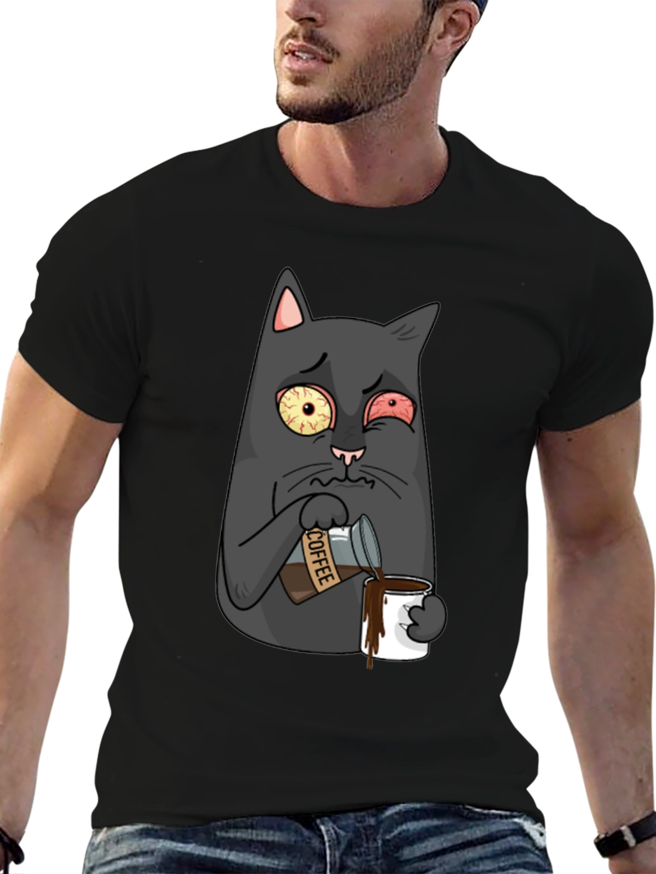Black Coffee Cat T-Shirt - Funny Cartoon Graphic Tee view 6