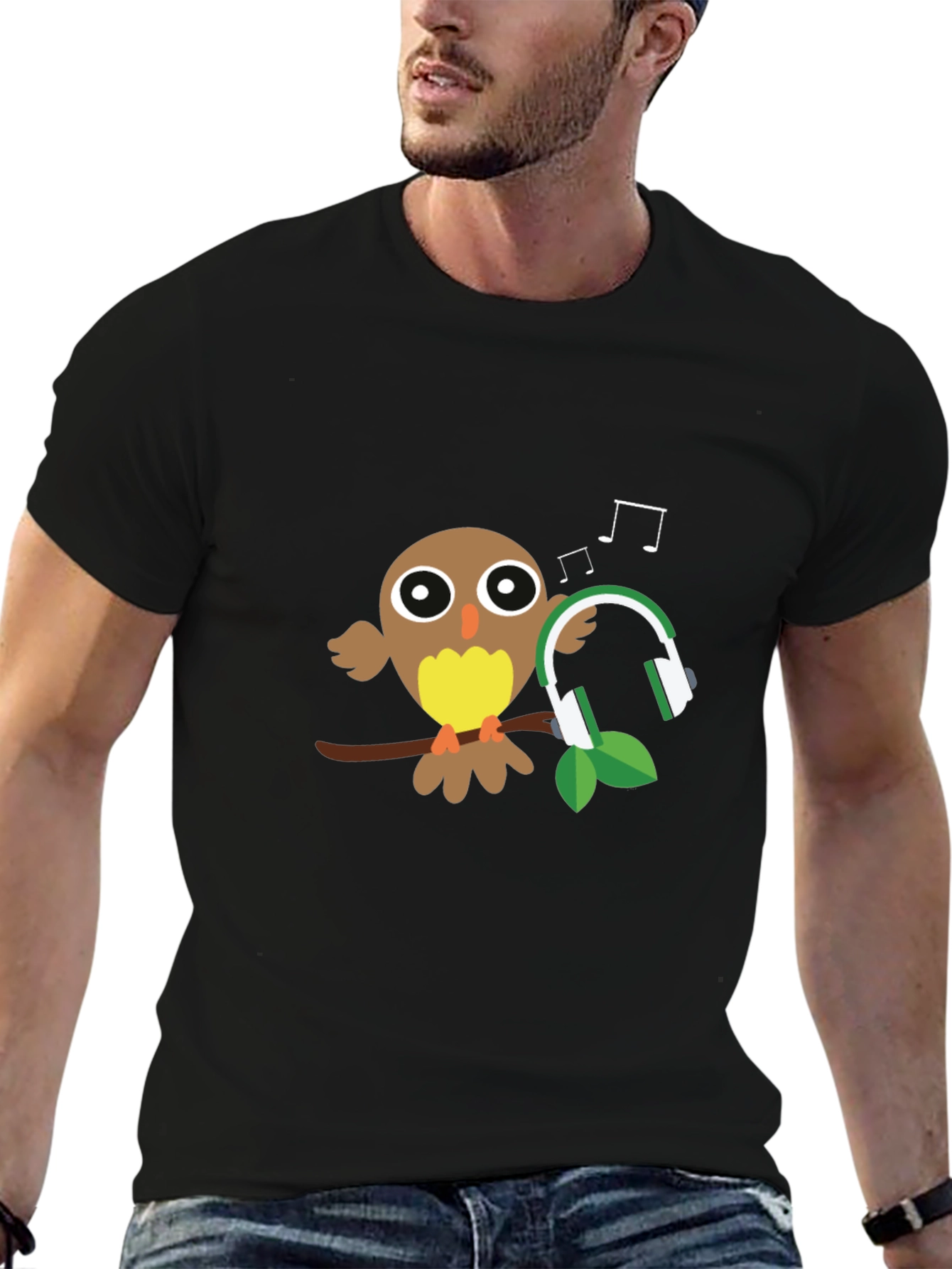 Black Owl with Headphones Graphic T-Shirt view 6