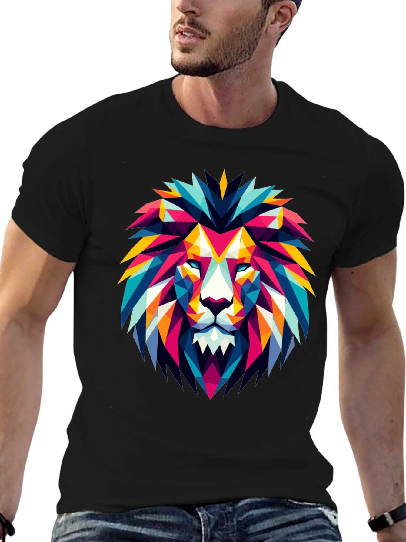 Black Geometric Lion Graphic Black T-Shirt view 6