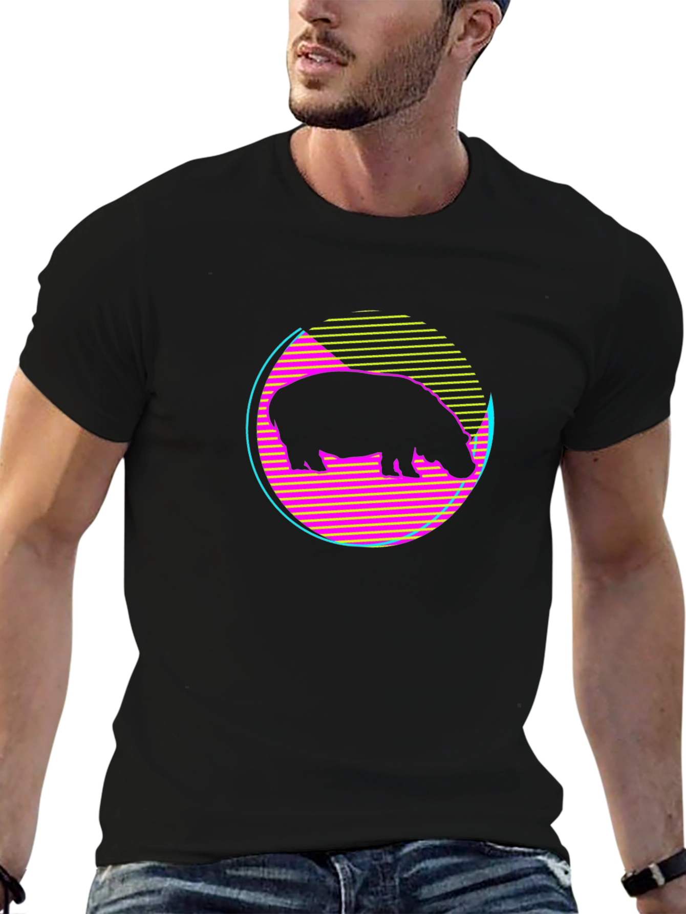 Black Retro Hippo T-Shirt - Black Graphic Tee view 6
