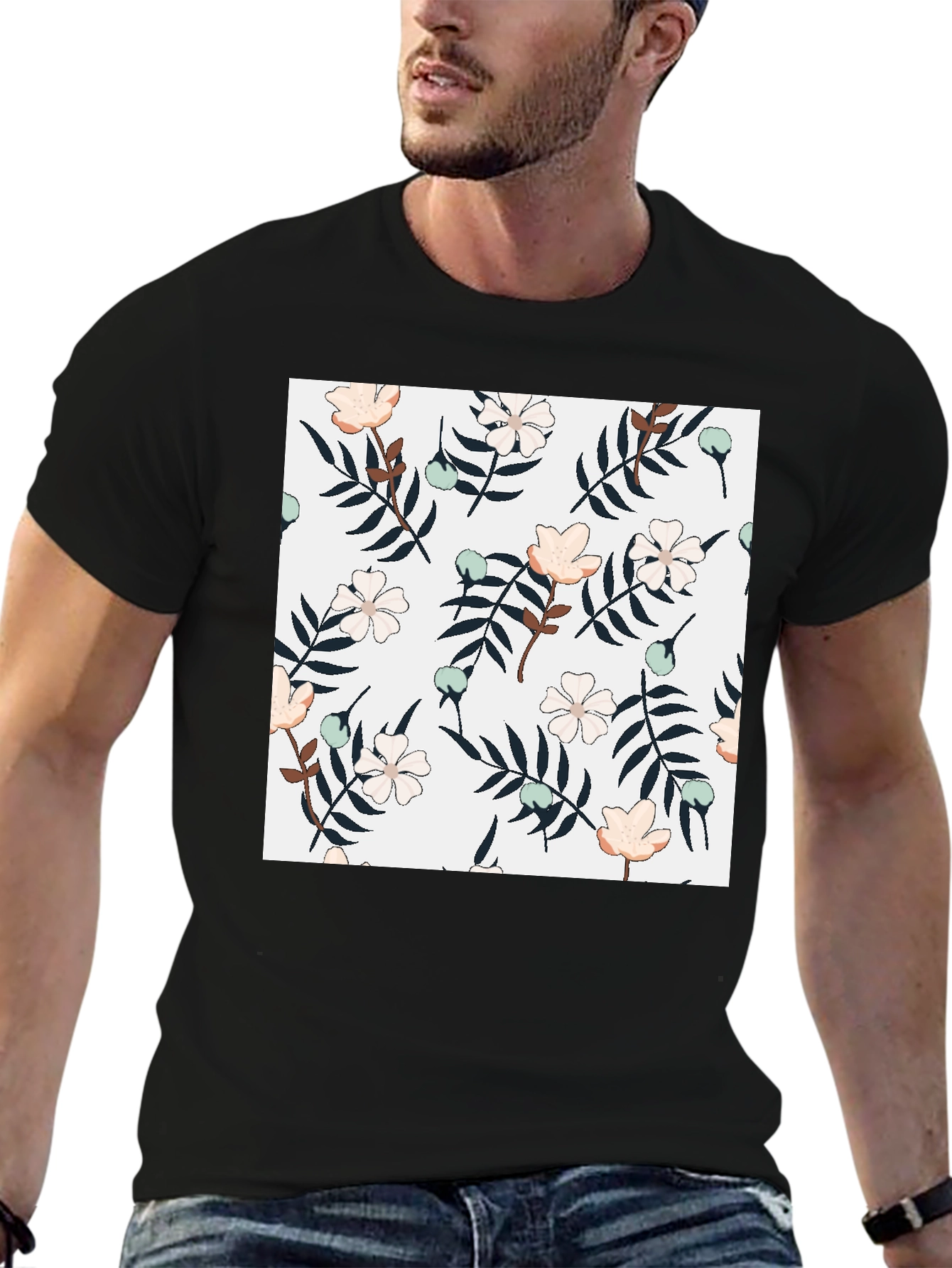 Black Floral Print Black T-Shirt view 6