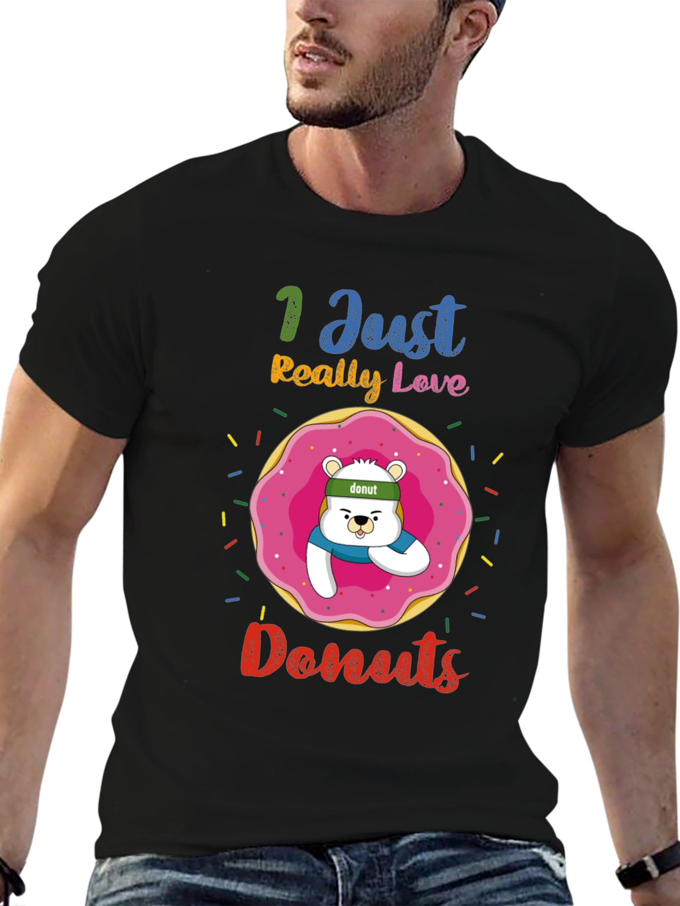 Black I Just Really Love Donuts Funny Graphic Tee view 6