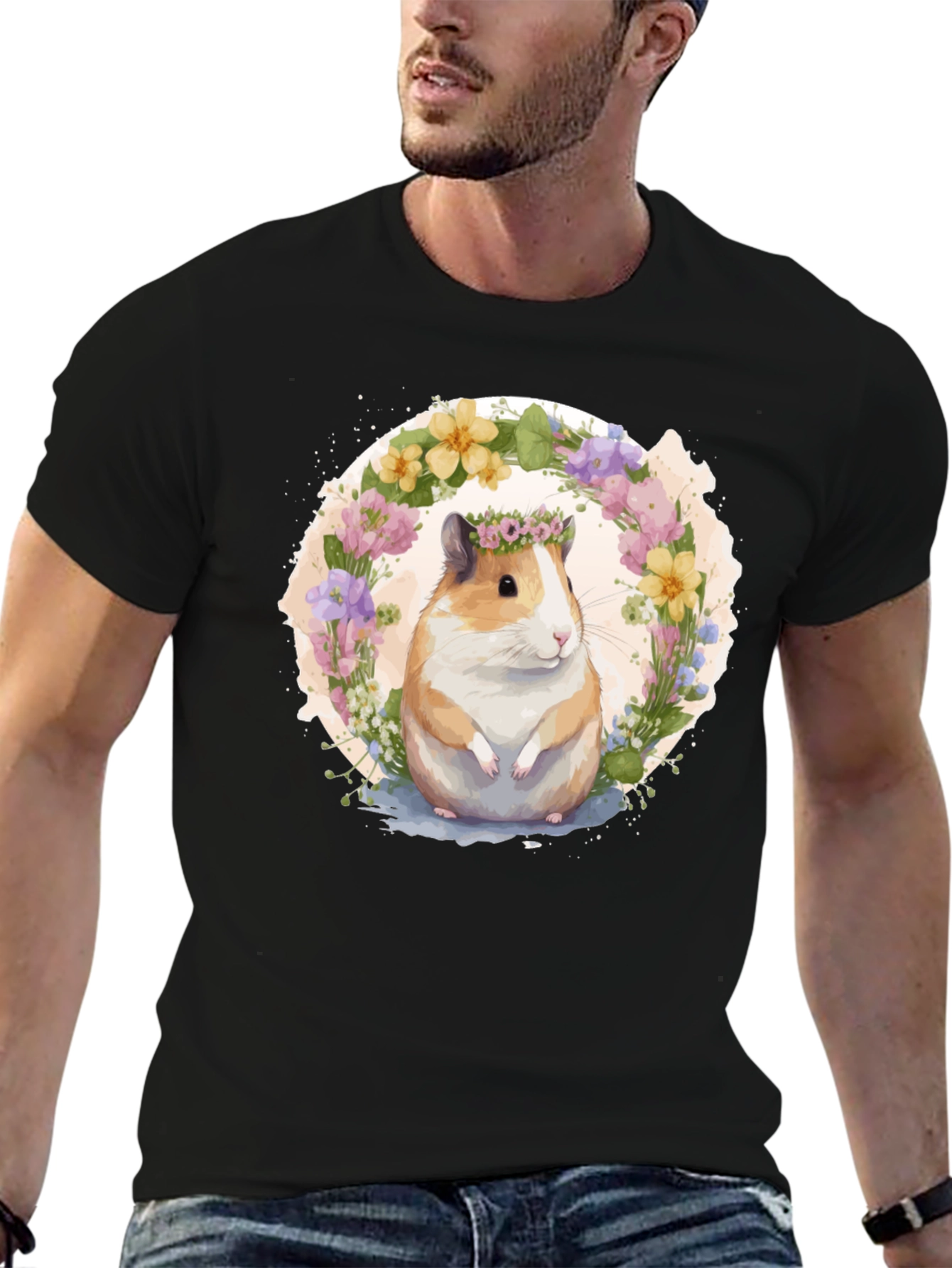 Black Guinea Pig Floral Wreath Graphic Tee view 6