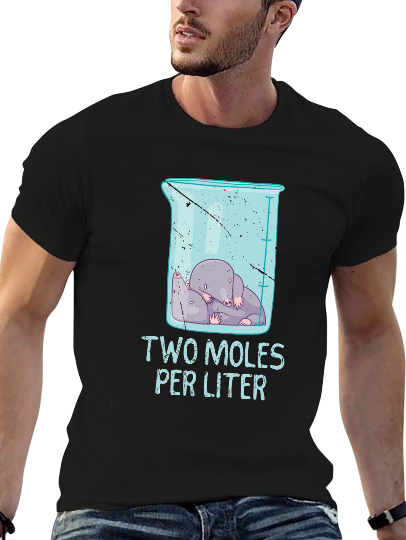 Black Two Moles Per Liter Science T-Shirt view 6