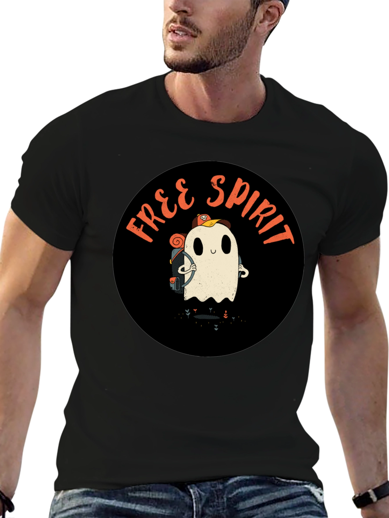 Black Free Spirit Ghost Graphic Tee - Black Cotton T-Shirt view 6