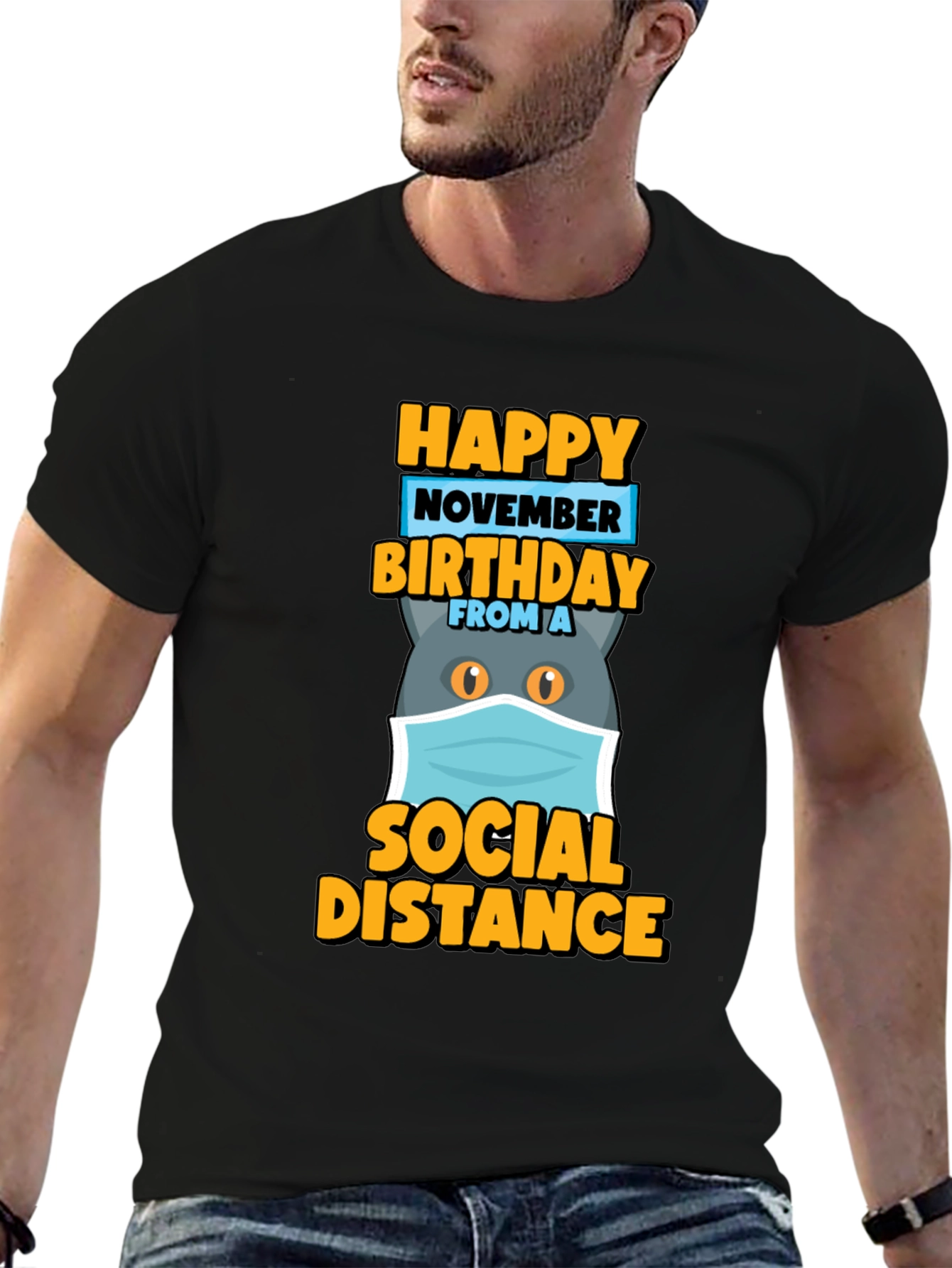 Black Happy November Birthday Social Distance Cat T-Shirt view 6