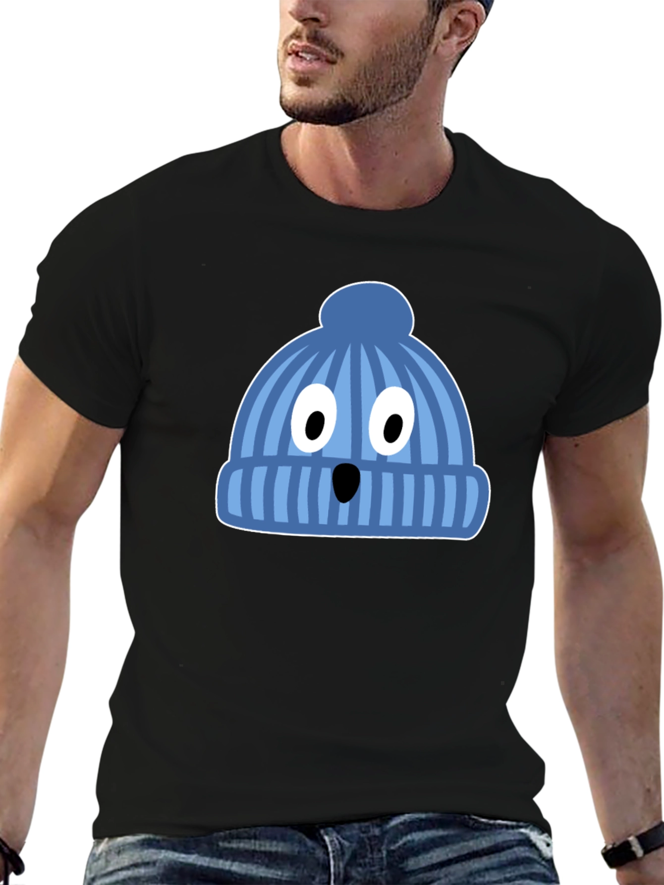 Black Funny Knit Hat Face Black T-Shirt view 6