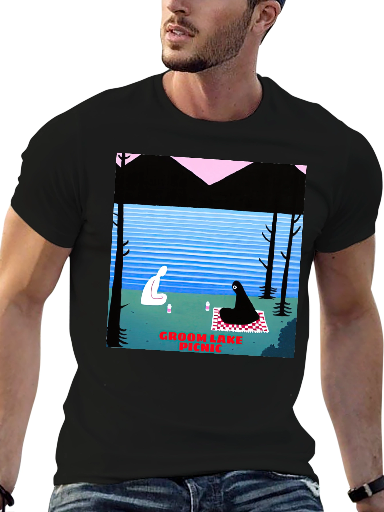 Black Groom Lake Picnic Graphic T-Shirt - Unique Art Tee view 6