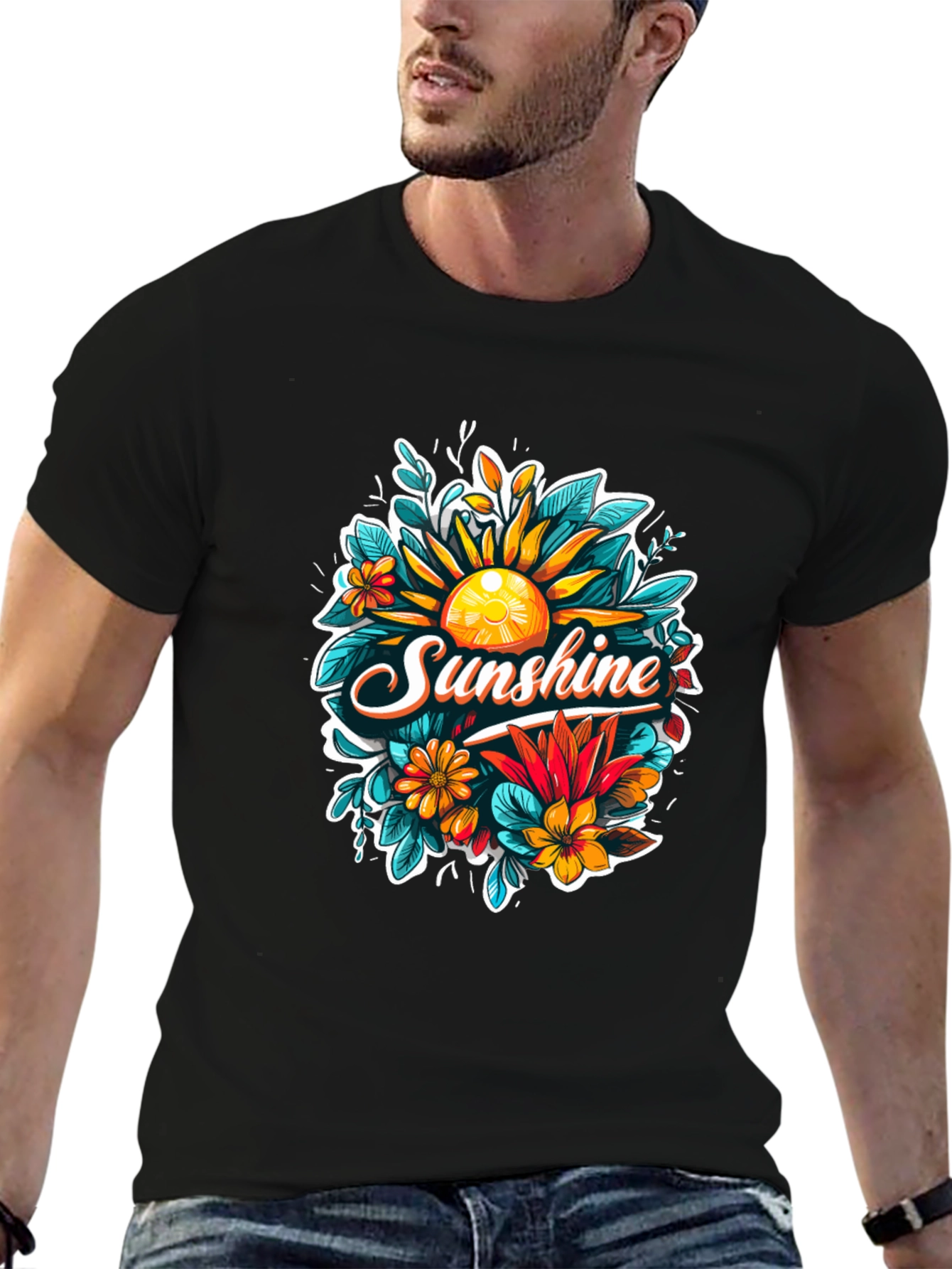 Black Sunshine Floral Graphic Tee - Black Cotton T-Shirt view 6