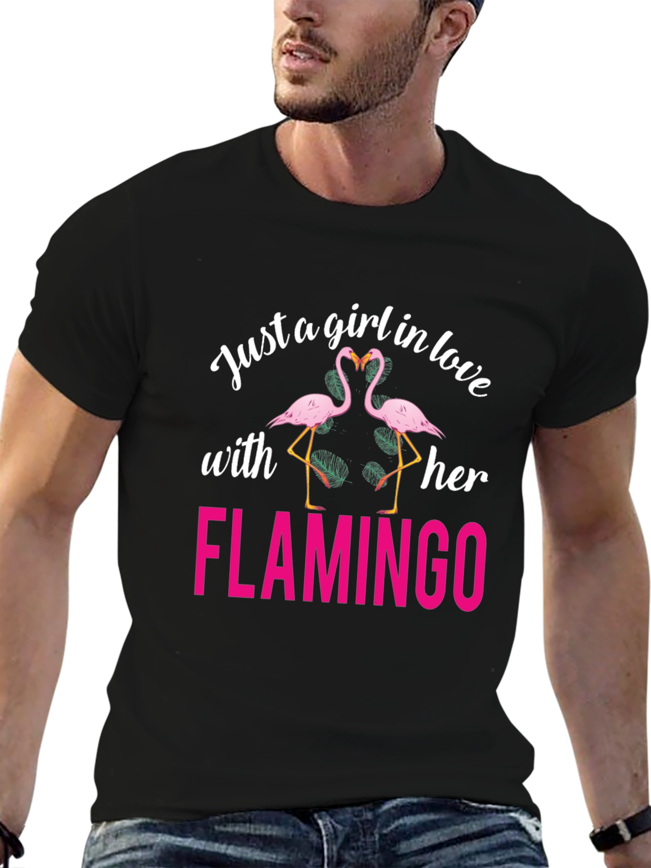 Black Just a Girl in Love with Her Flamingo T-Shirt view 6