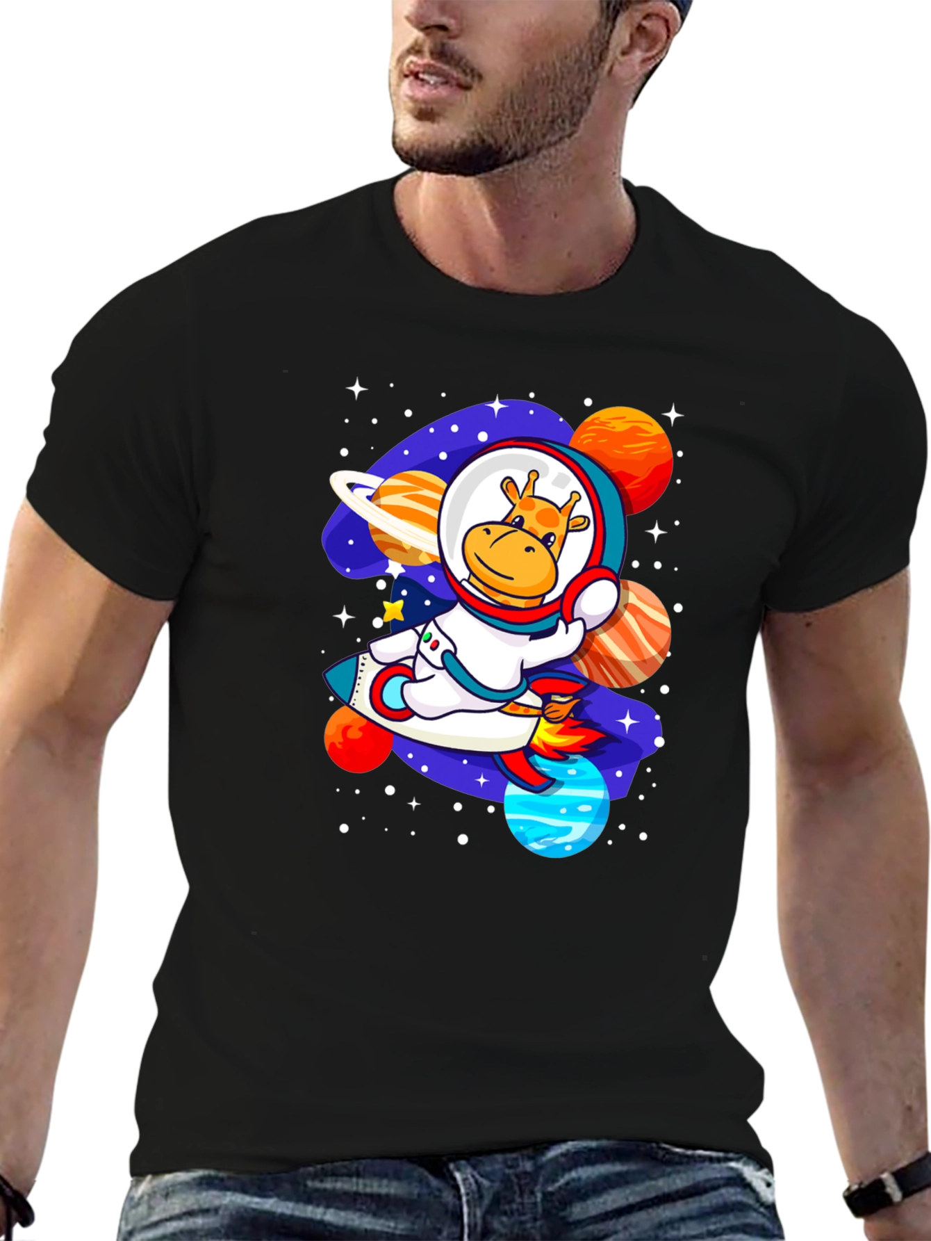 Black Giraffe Astronaut T-Shirt - Space Adventure Design view 6