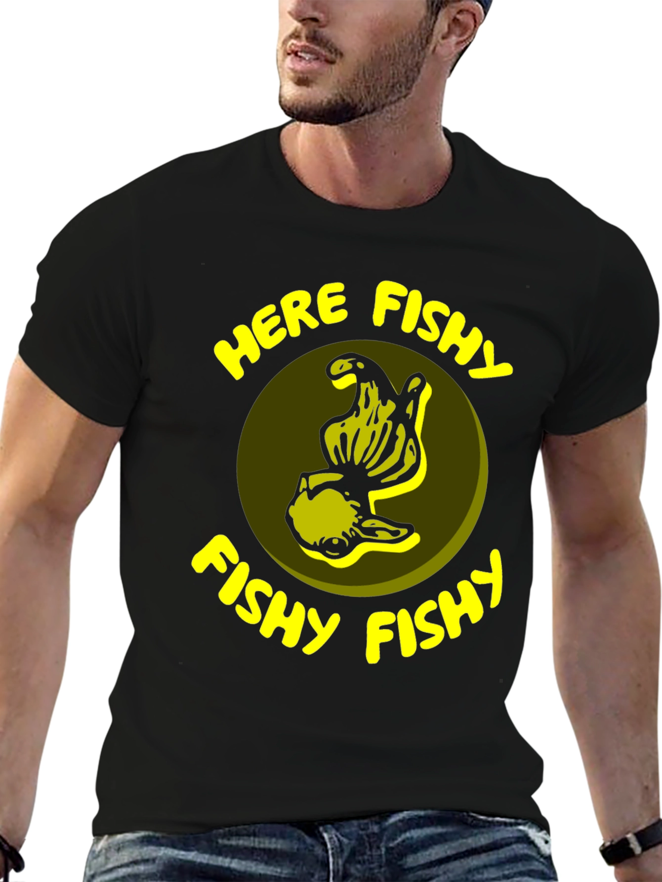 Black Here Fishy Fishy T-Shirt - Funny Fishing Tee view 6