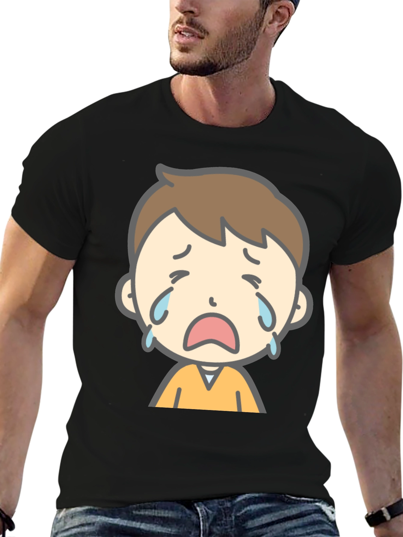 Black Sad Cartoon Boy Graphic T-Shirt view 6
