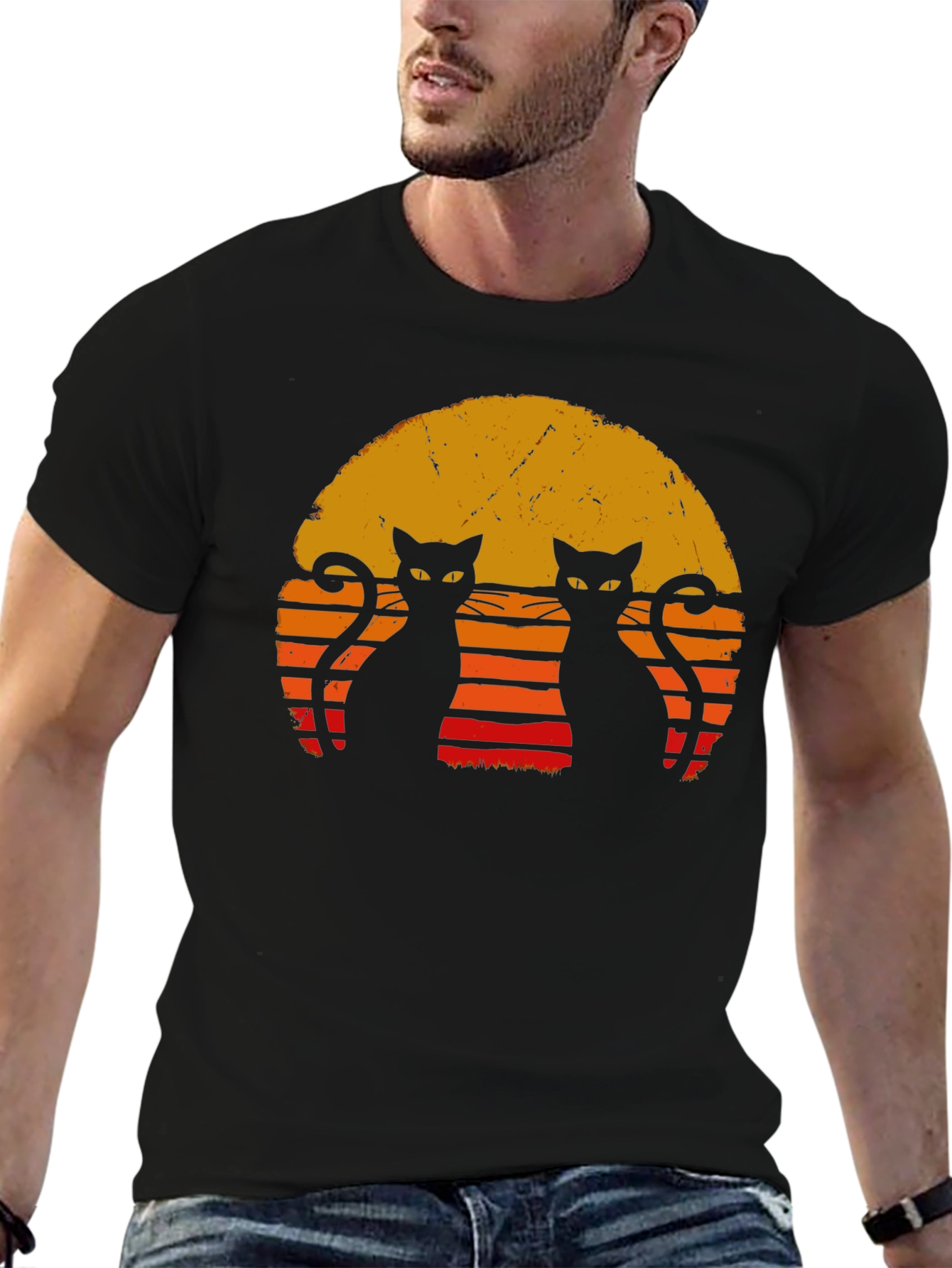 Black Retro Cat Sunset T-Shirt - Black view 6