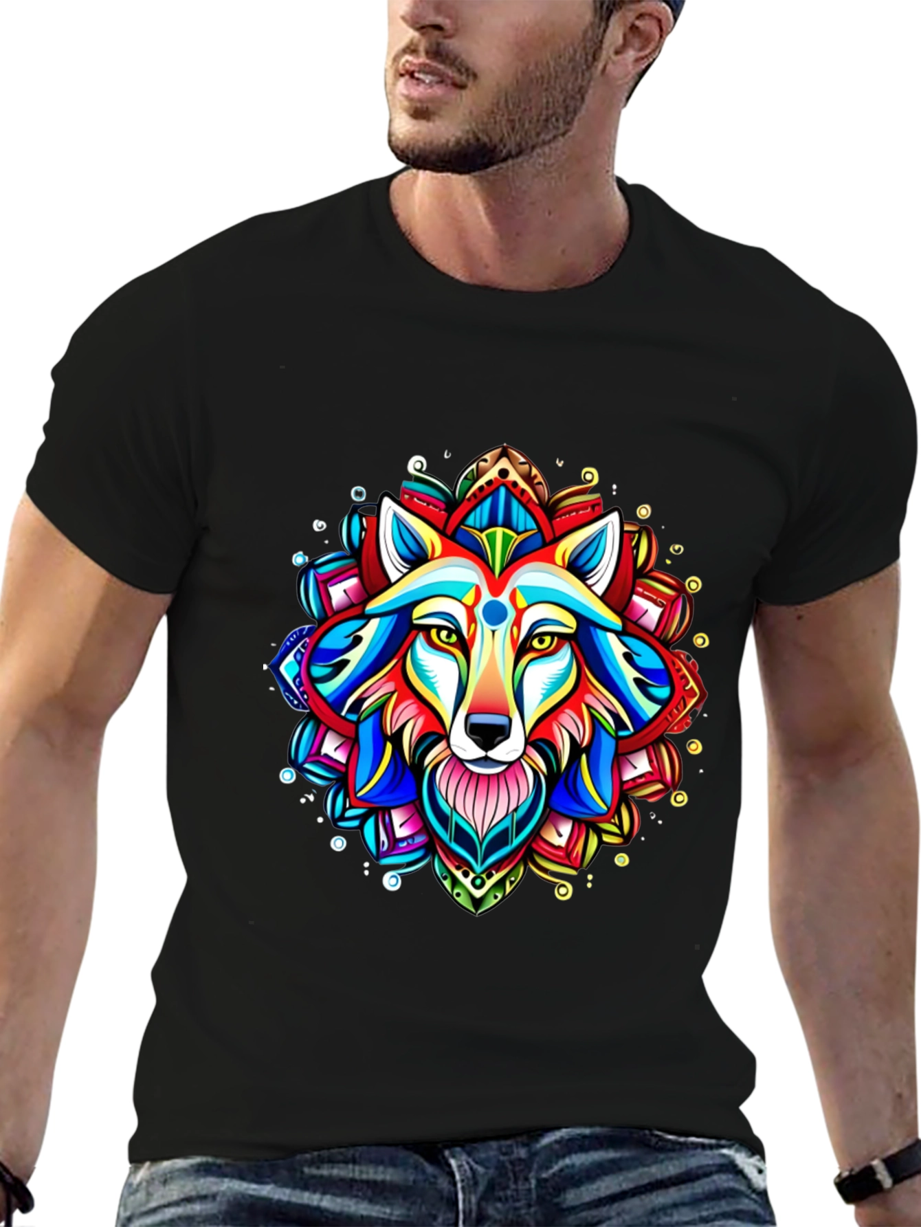 Black Vibrant Wolf Mandala Graphic Tee view 6