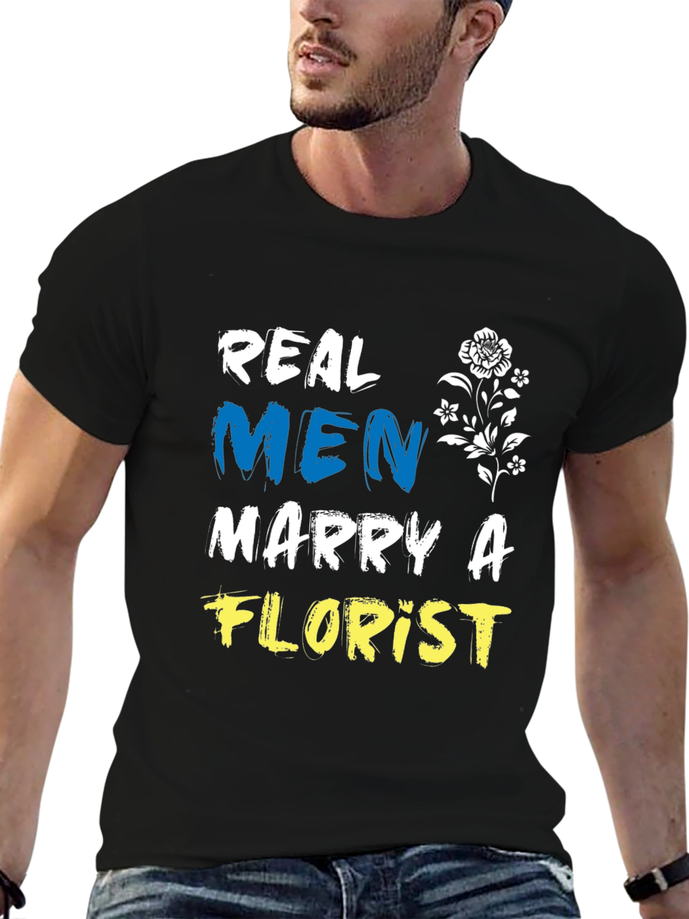 Black Real Men Marry A Florist Black T-Shirt view 6