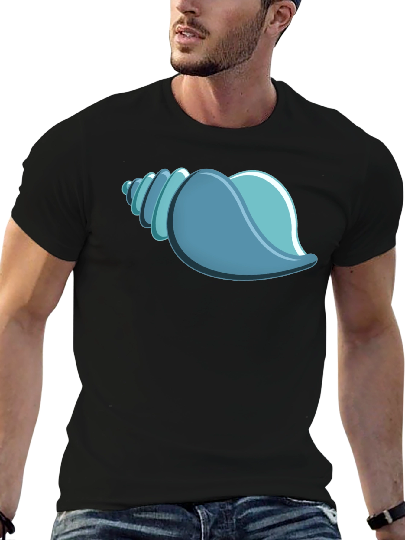 Black Blue Seashell Graphic Tee - Black Cotton T-Shirt view 6