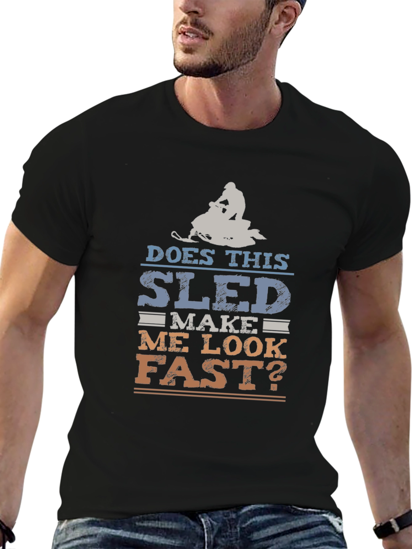 Black Funny Snowmobile T-Shirt - Does This Sled Make Me Look Fast? view 6
