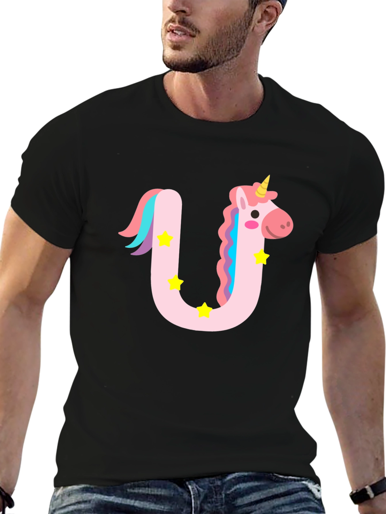 Black Unicorn Letter U Graphic Tee - Kids and Adults view 6