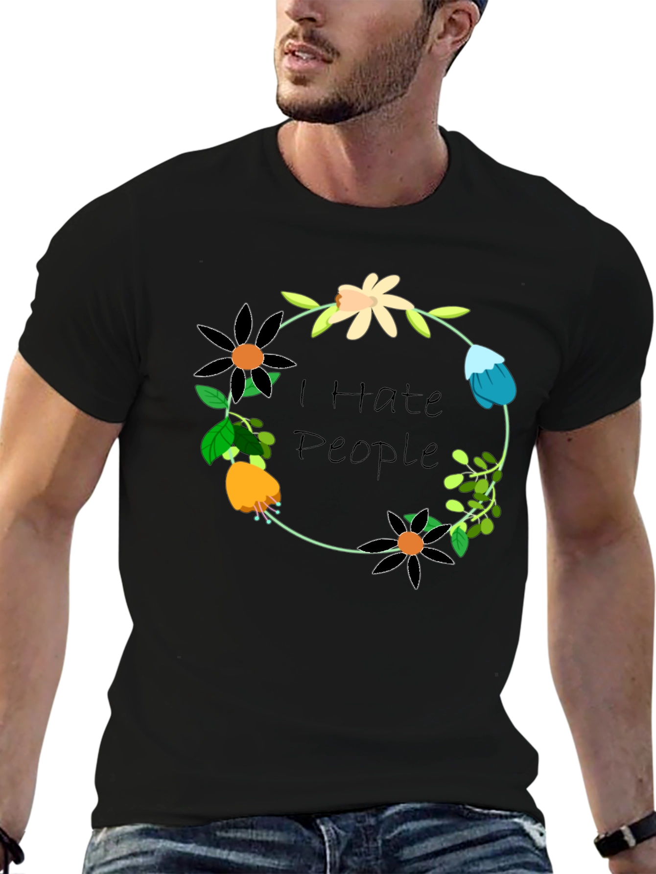Black I Hate People Floral Wreath T-Shirt view 6