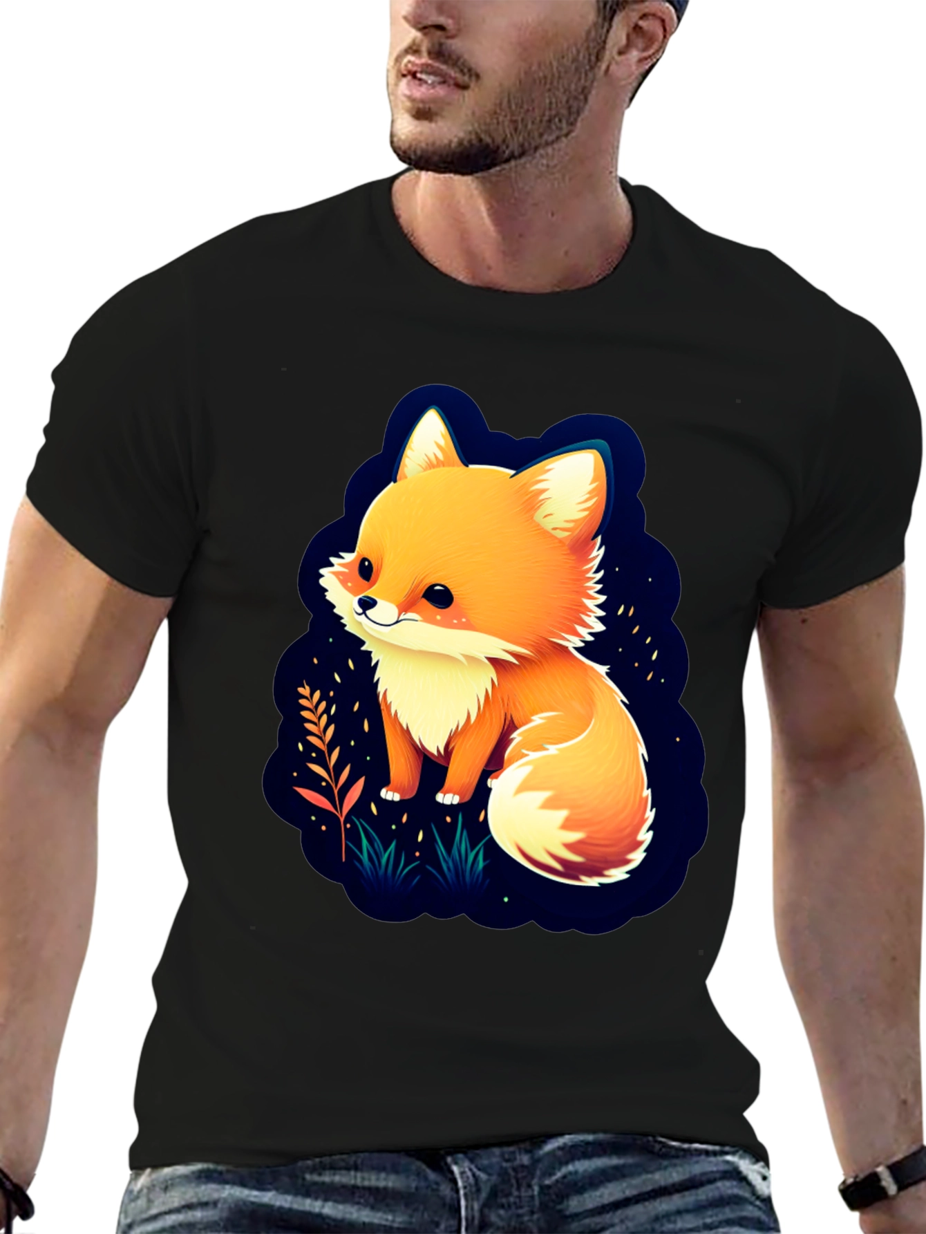 Black Cute Fox Graphic Tee - Soft Cotton Blend view 6