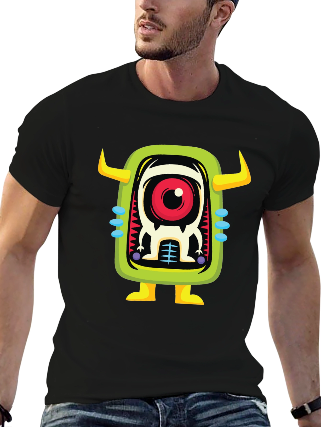 Black Cartoon Monster Graphic Print Black T-Shirt view 6