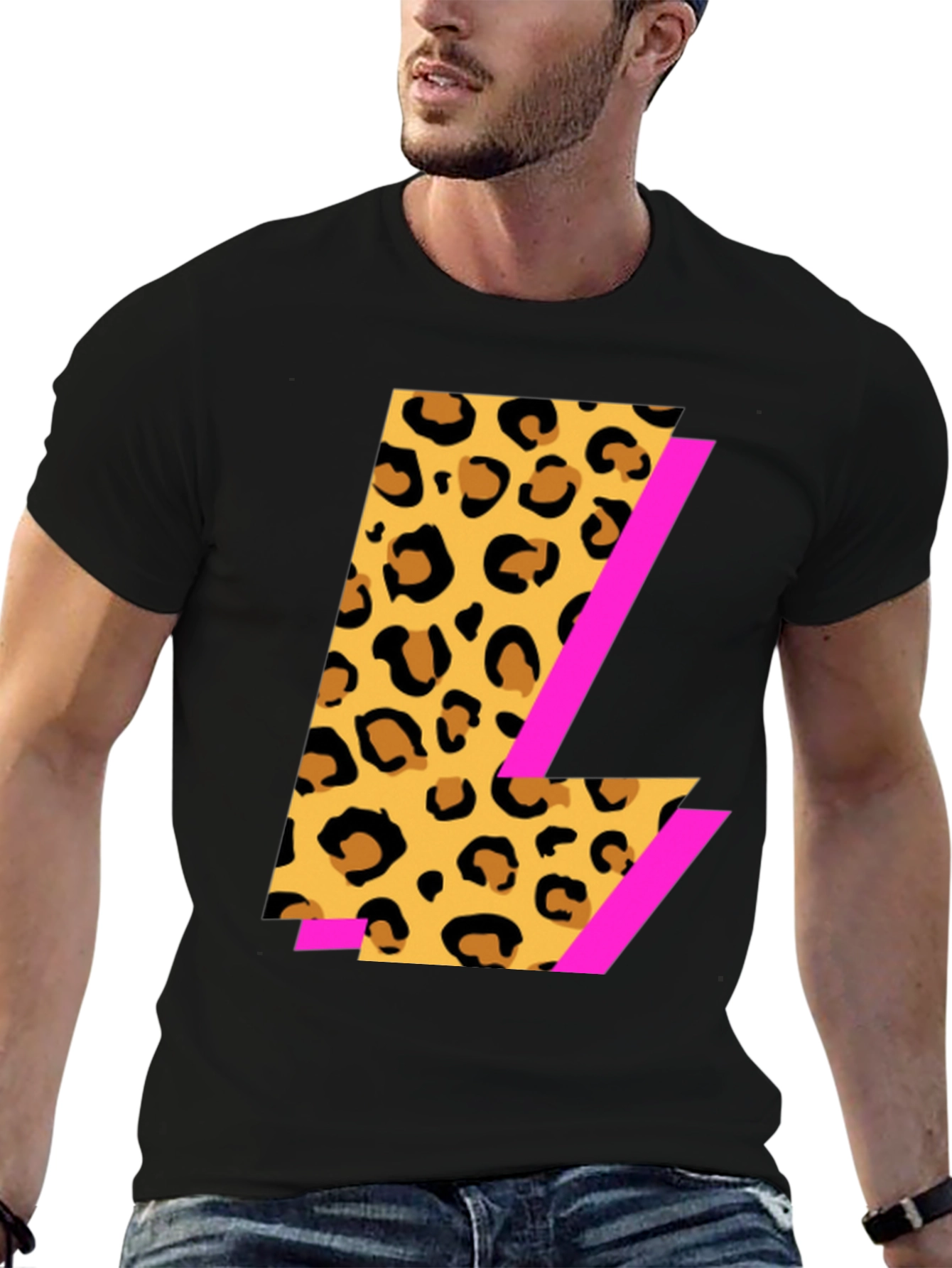 Black Leopard Print L Graphic Black T-Shirt view 6