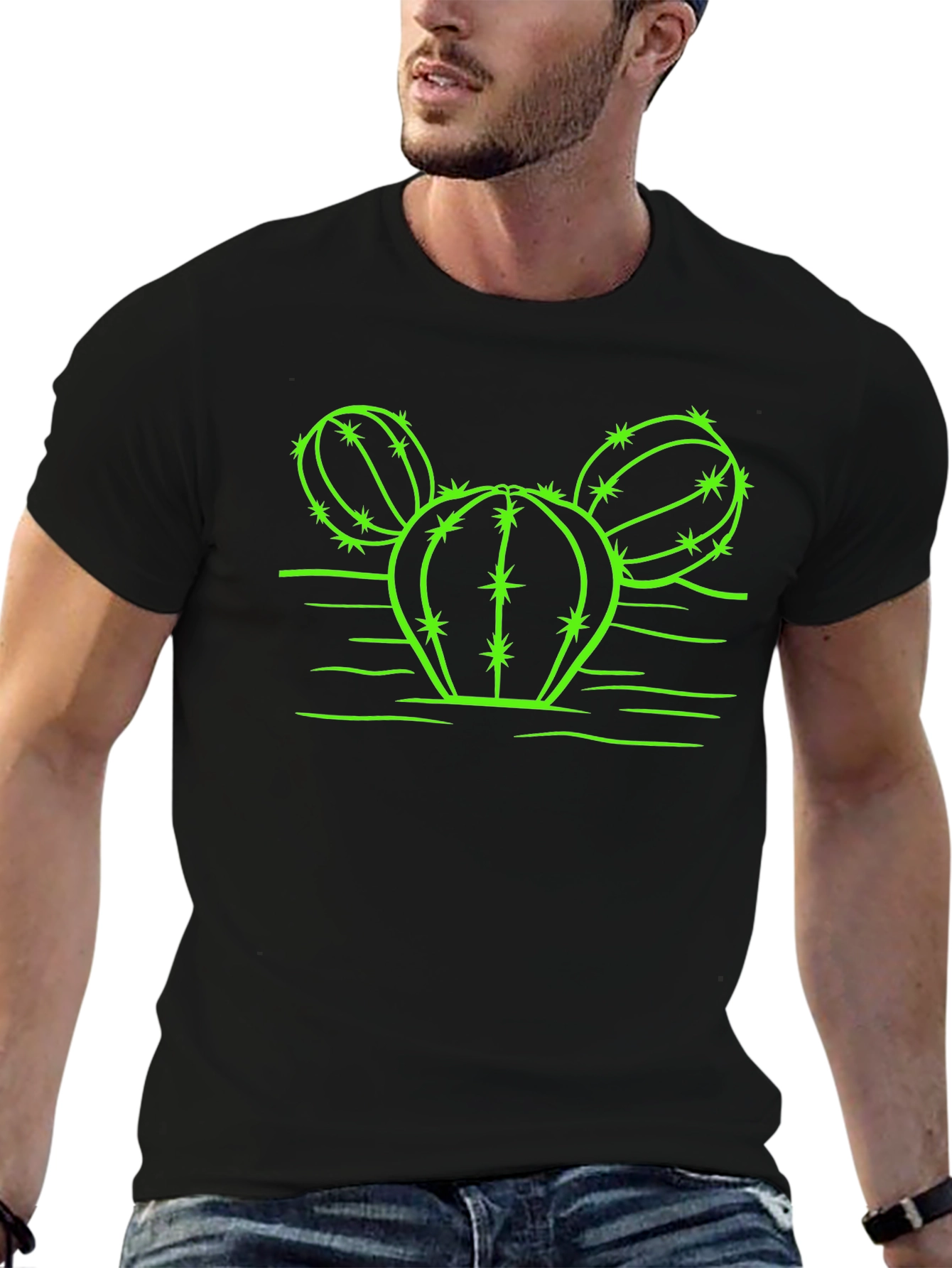Black Cactus Graphic T-Shirt - Neon Green Design on Black view 6