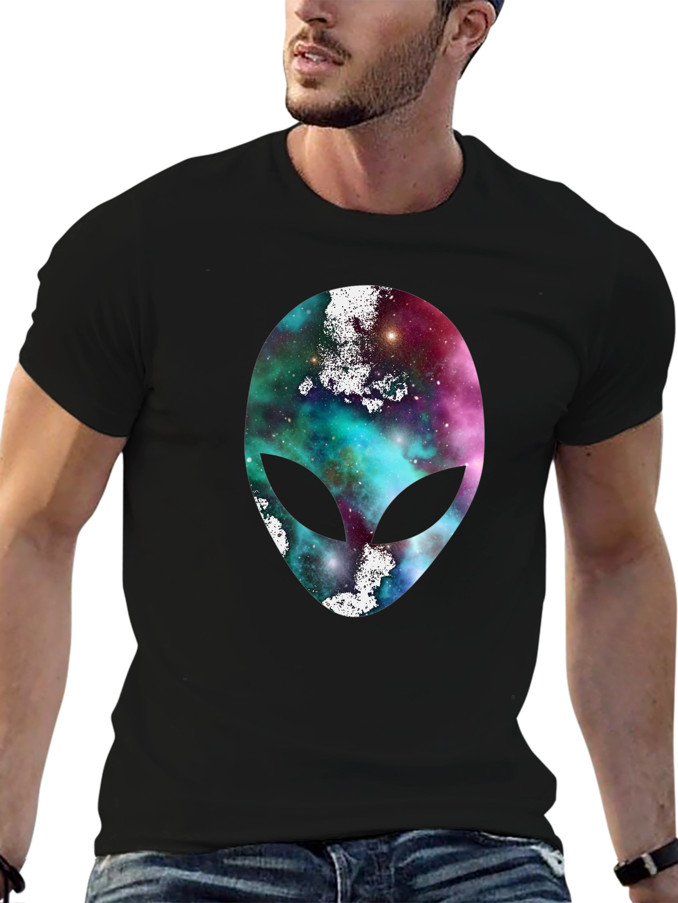 Black Galaxy Alien Head Graphic Tee - Black Cotton T-Shirt view 6
