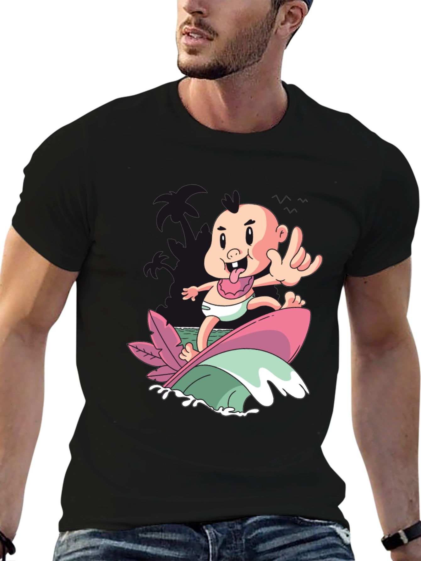 Black Surfing Baby Graphic T-Shirt - Cool Cartoon Tee view 6