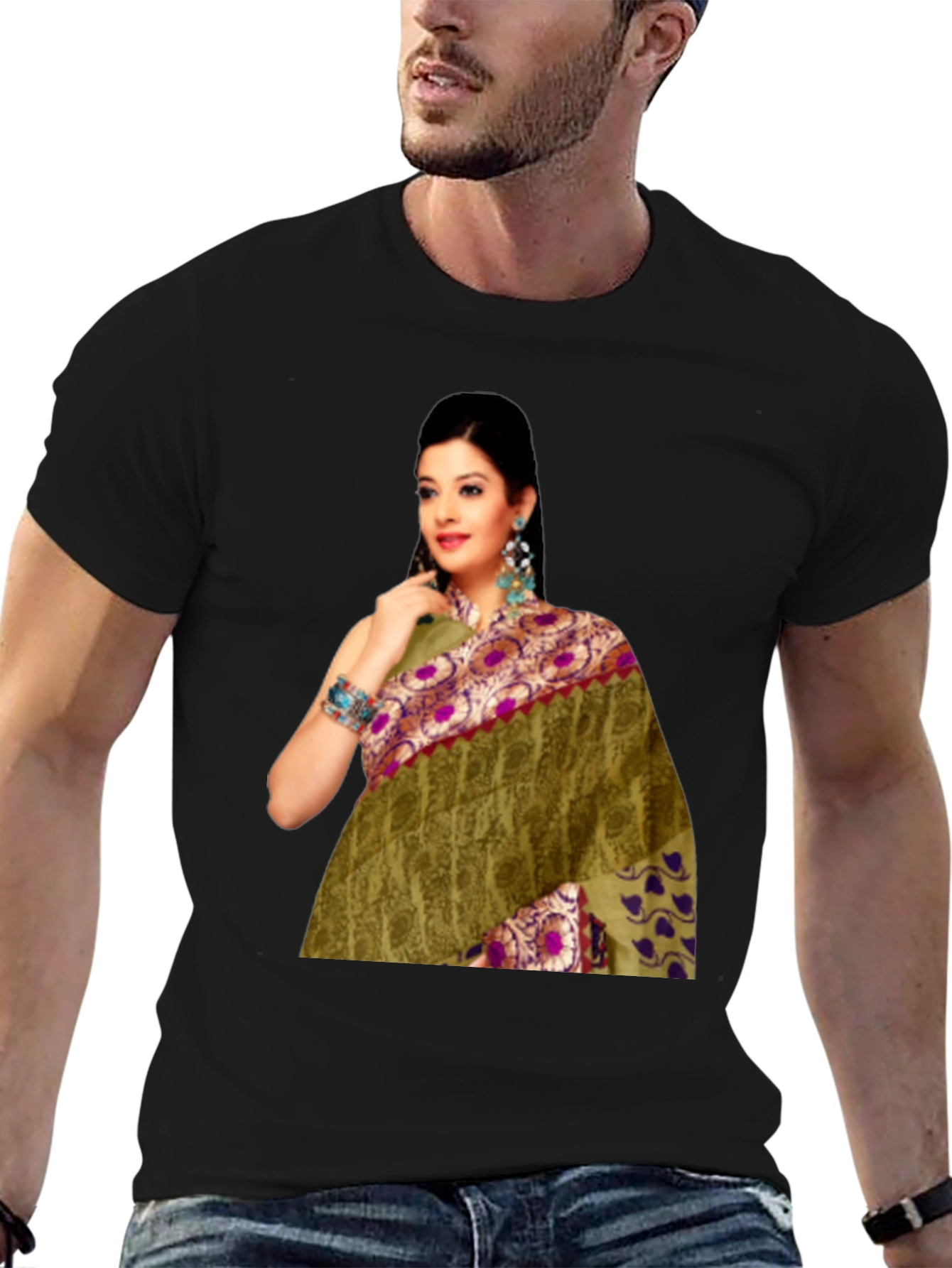 Black Black T-Shirt with Saree Print view 6