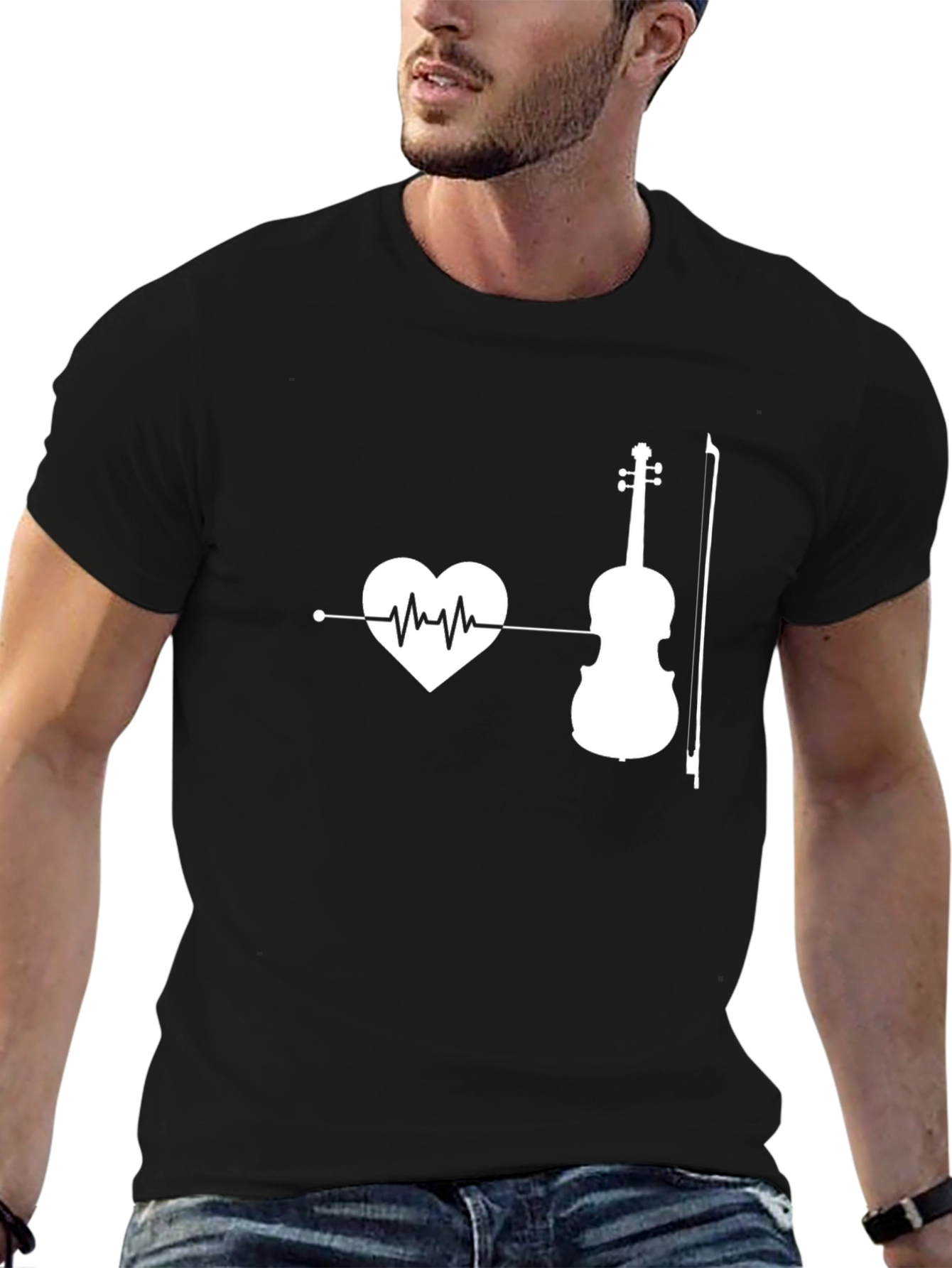 Black Heartbeat Violin Graphic T-Shirt view 6