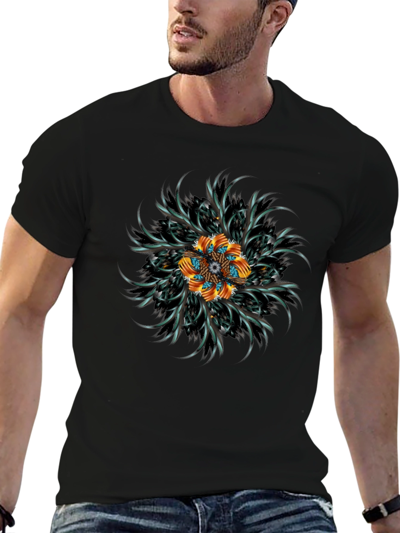 Black Abstract Floral Mandala Black T-Shirt view 6