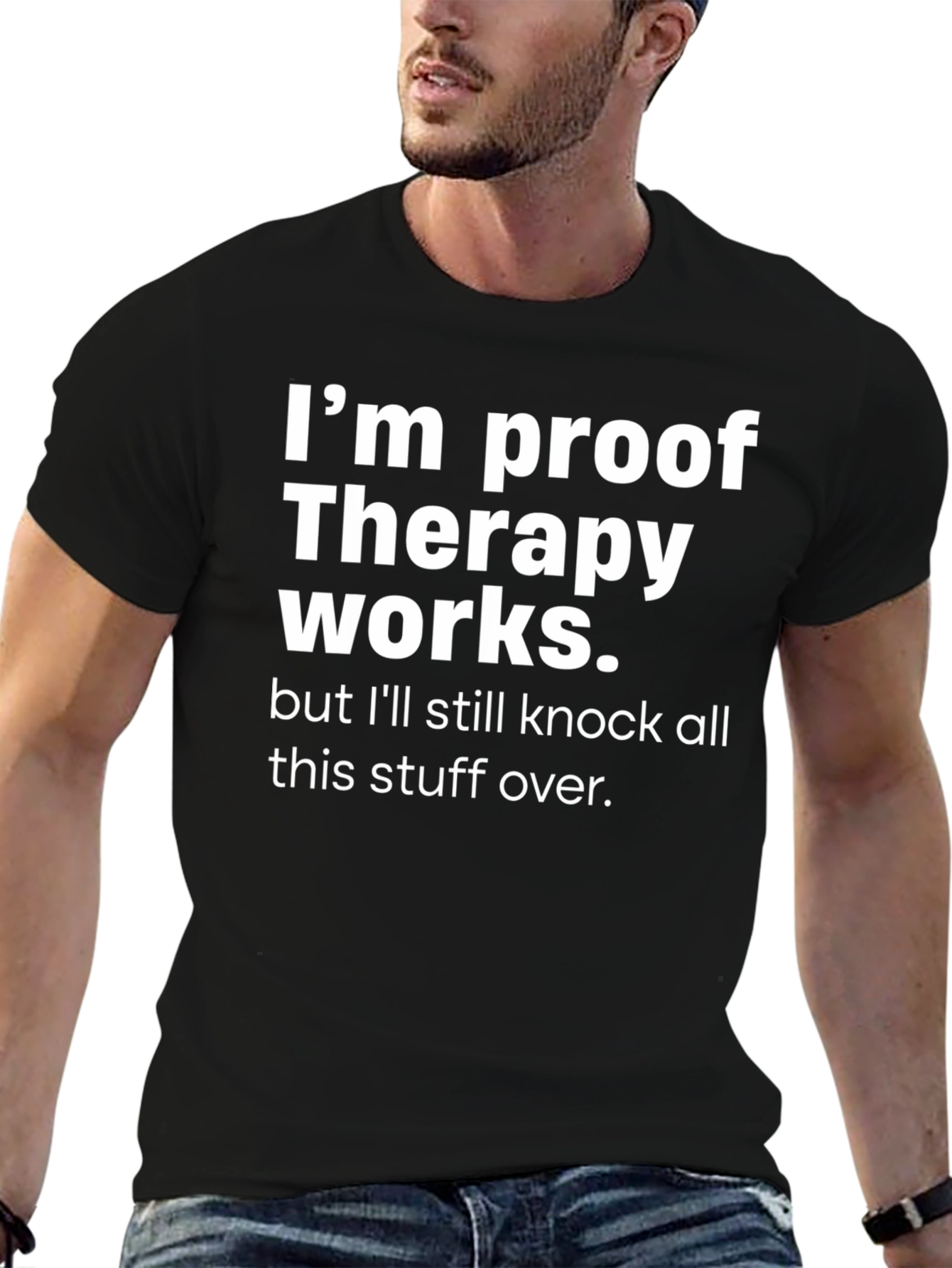 Black Therapy Works Graphic T-Shirt, Funny Slogan Tee view 6