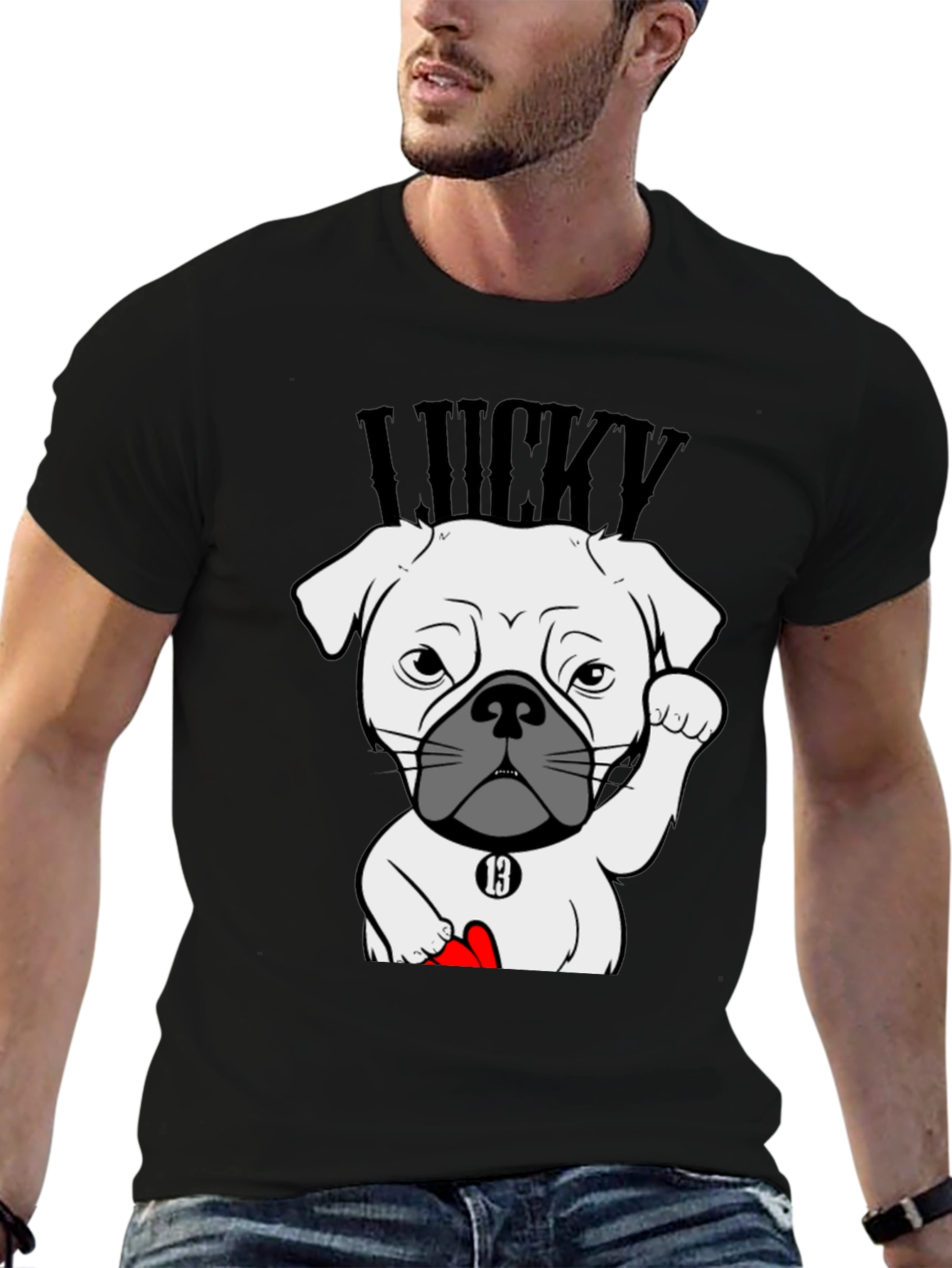 Black Lucky Dog Graphic Tee - Black Cotton T-Shirt view 6
