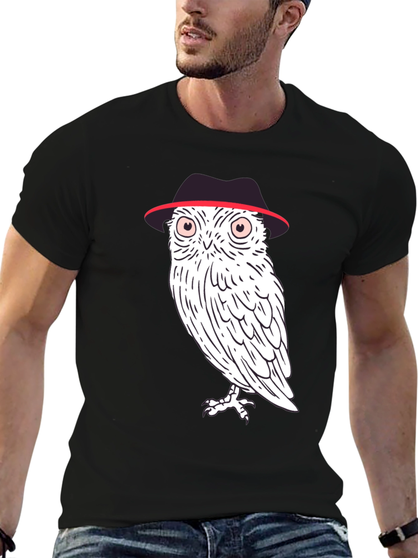 Black Owl in Fedora Graphic Tee - Stylish Men's Black T-Shirt view 6