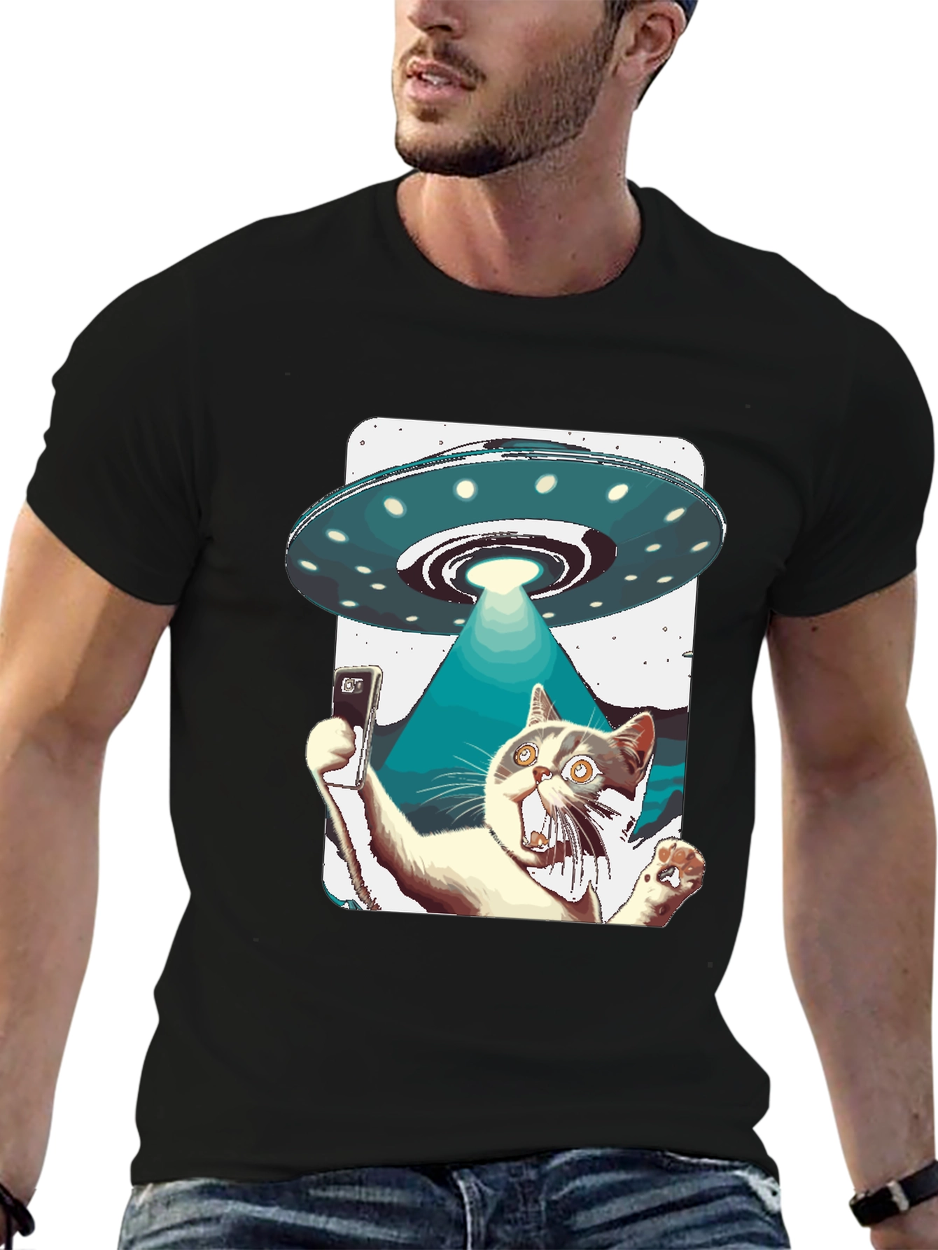Black Alien Abduction Cat Selfie T-Shirt view 6